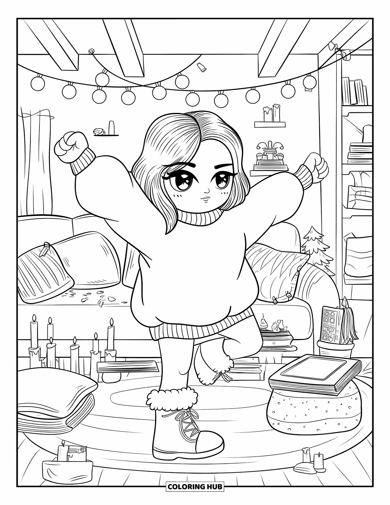 Cheer Coloring Page for Adults: Cheerleader in sweater and boots practicing in a cozy living room with cute details