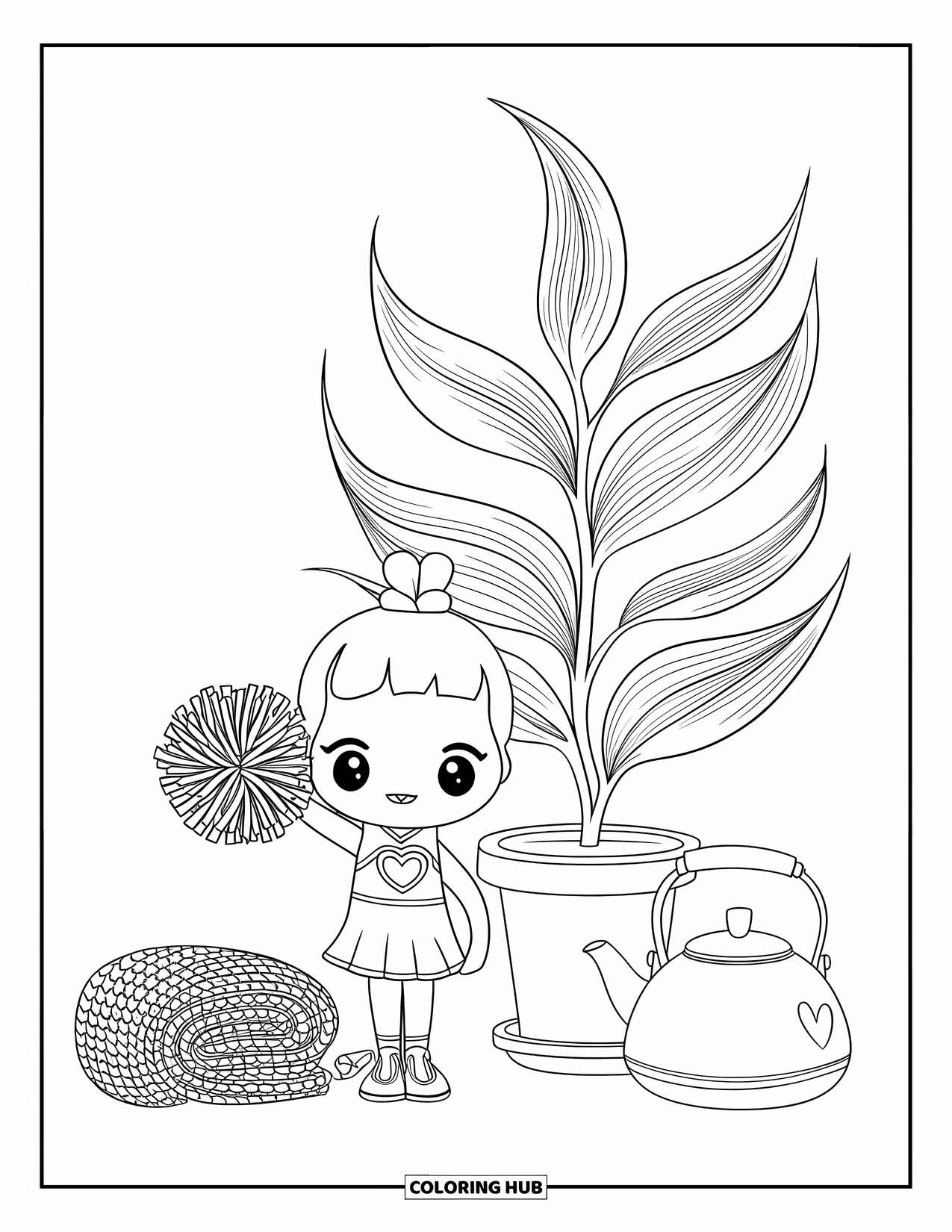 Cheer Coloring Page for Adults: Cheerleader with heart pom-pom near a plant, tea kettle, and blanket