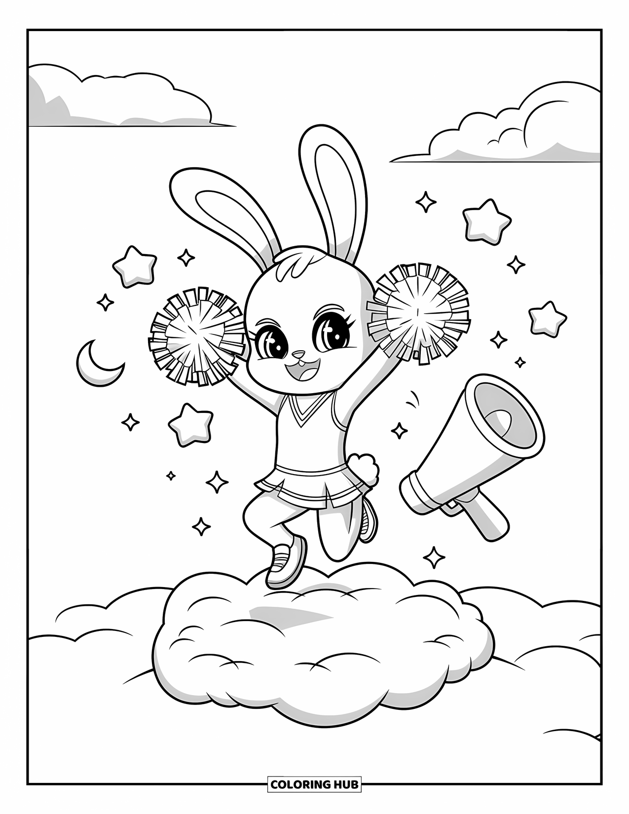Cheer Coloring Page for Adults: Chibi bunny cheerleader jumping on a cloud with pom-poms, stars, and floating megaphone