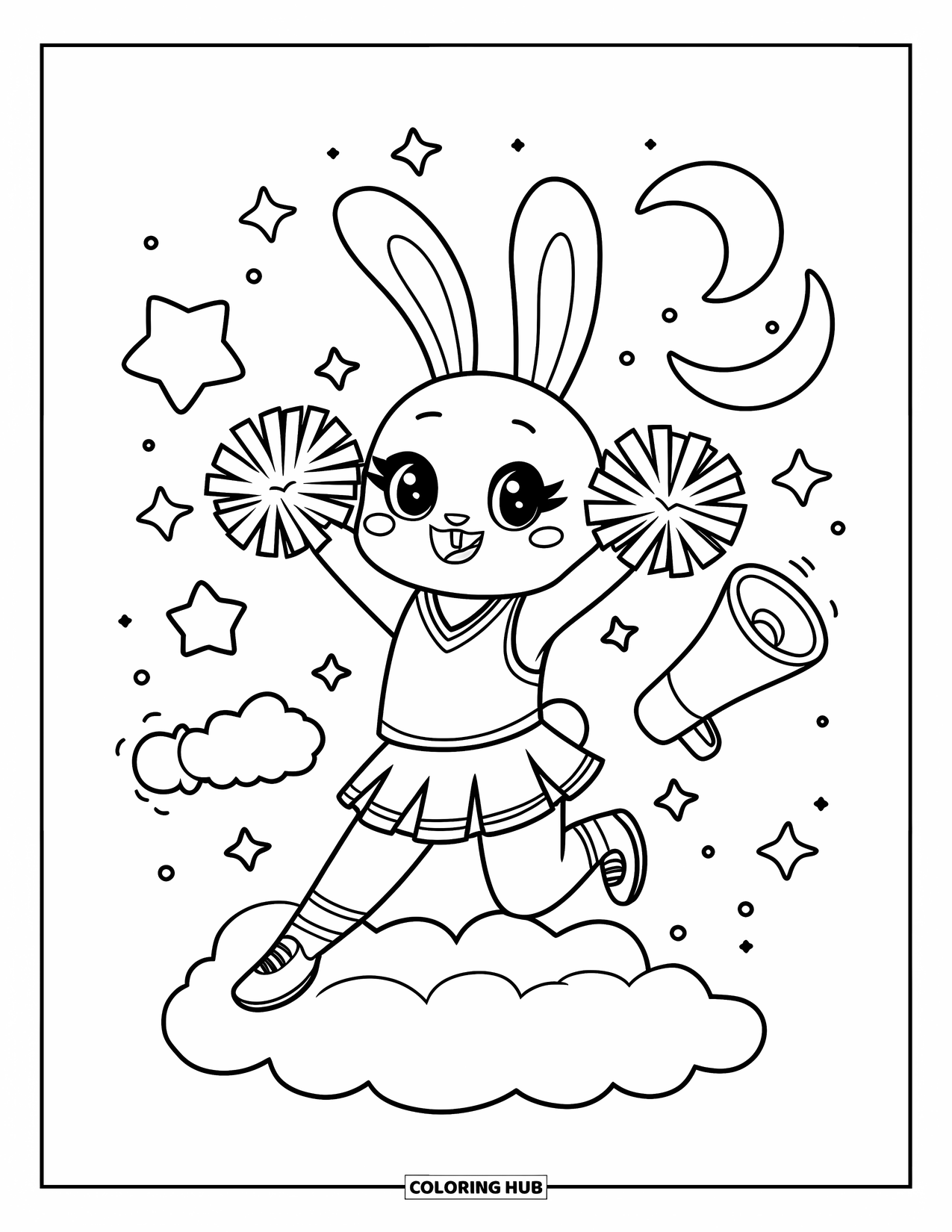 Cheer Coloring Page for Adults: Chibi bunny on cloud jumping with pom-poms, stars, moons, and floating megaphone