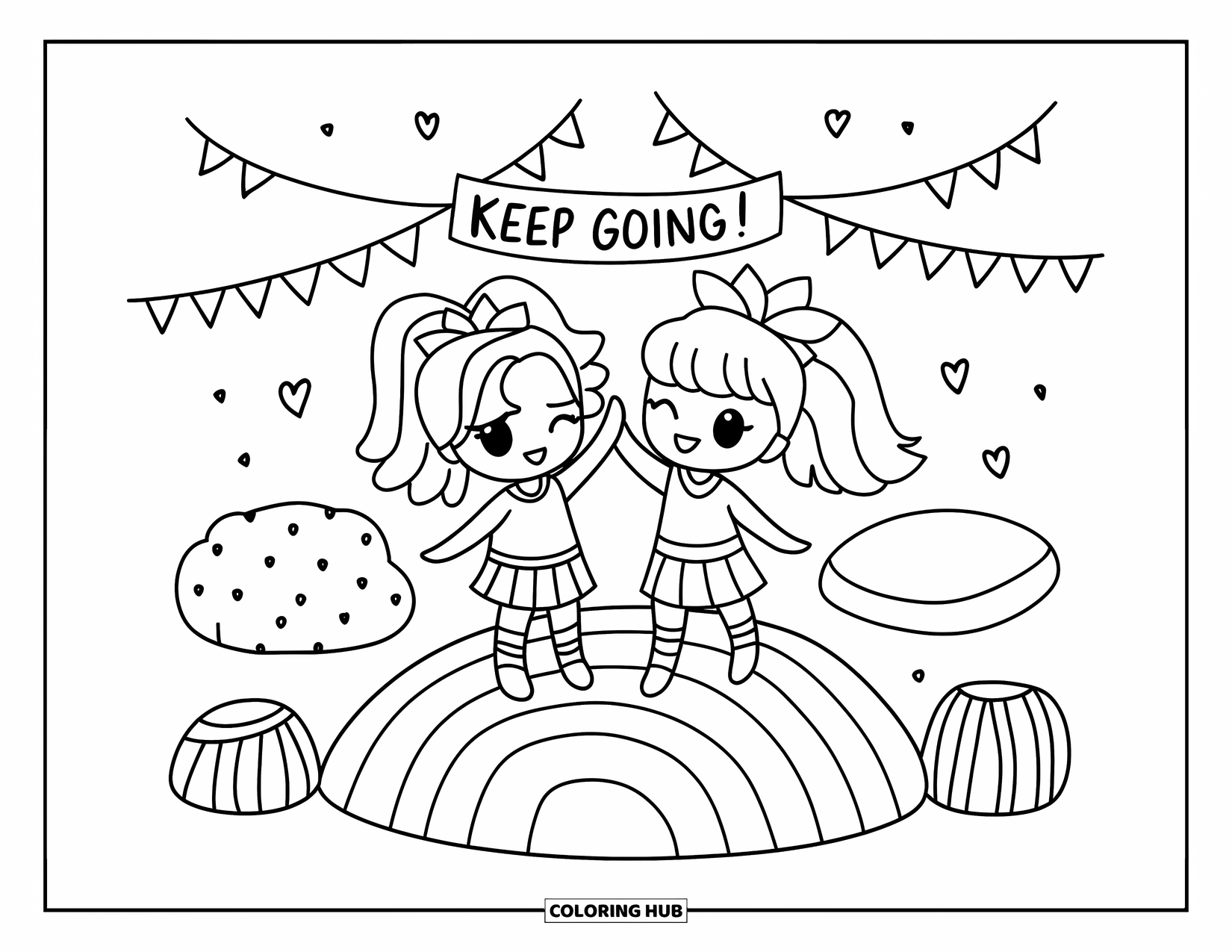 Cheer Coloring Page for Adults: Chibi cheerleaders high-five on rainbow mat under a "Keep Going!" banner
