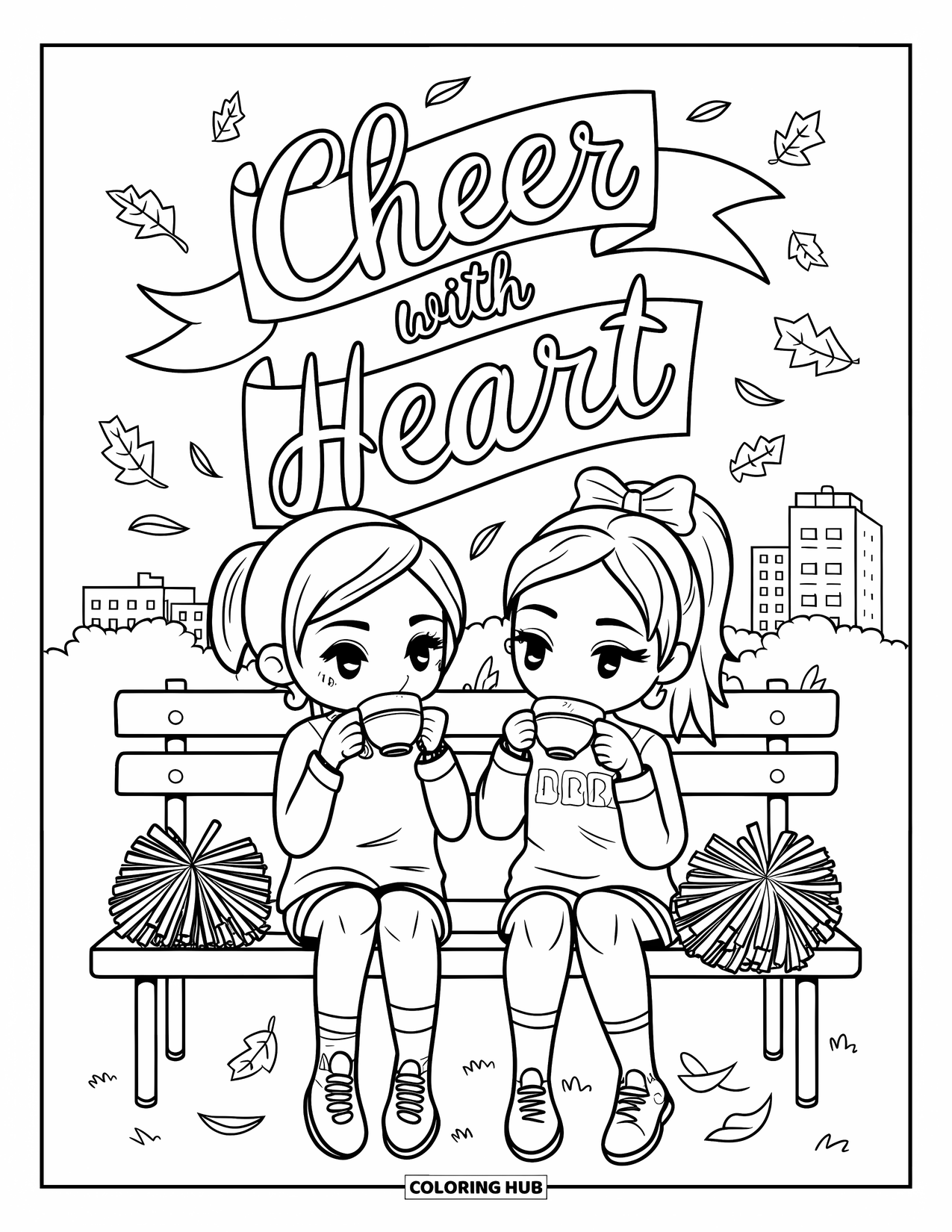 Cheer Coloring Page for Adults: Chibi friends sipping tea on a bench with pom-poms, leaves, and "Cheer With Heart"