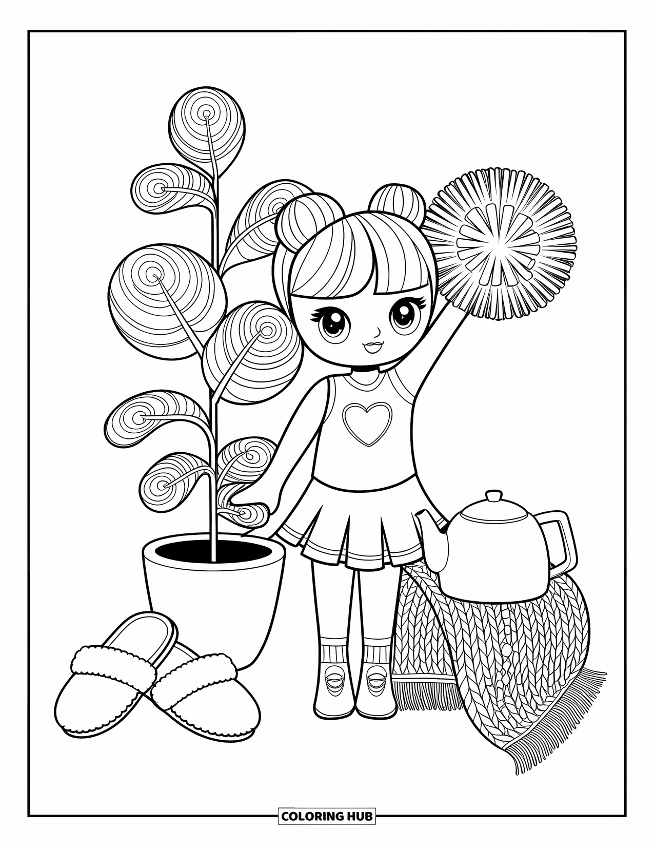 Cheer Coloring Page for Adults: Cute cheerleader holding heart-shaped pom-pom beside a plant with cozy items nearby