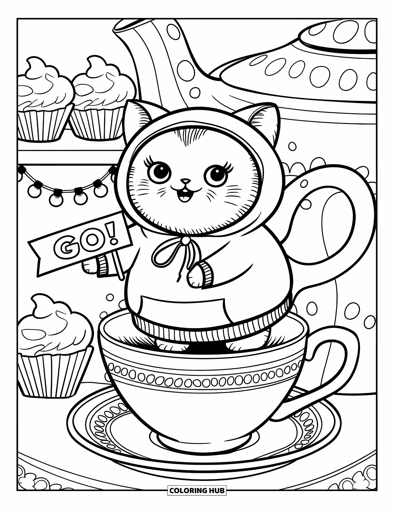 Cheer Coloring Page for Adults: Kitten in cheer hoodie on teacup holding "Go!" banner with cupcakes and fairy lights