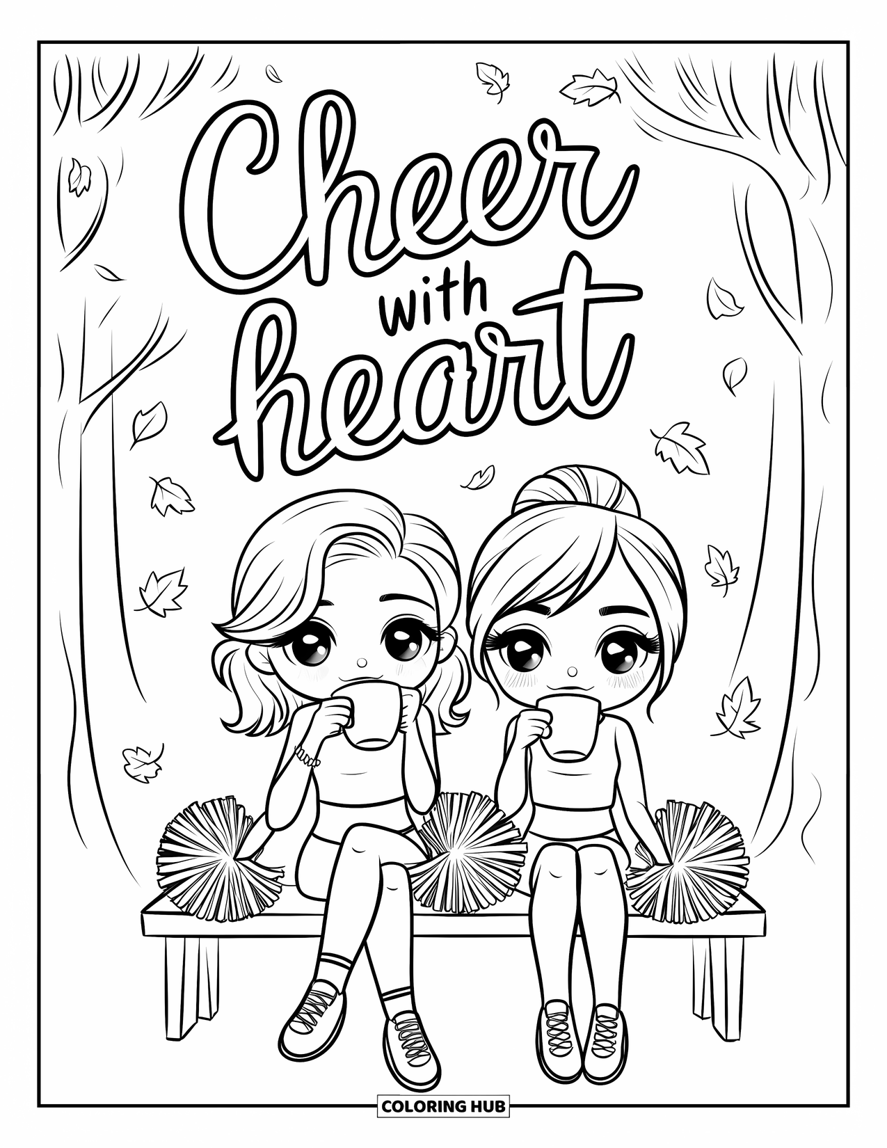 Cheer Coloring Page for Adults: Two chibi friends sipping tea with pom-poms and falling leaves under "Cheer With Heart"
