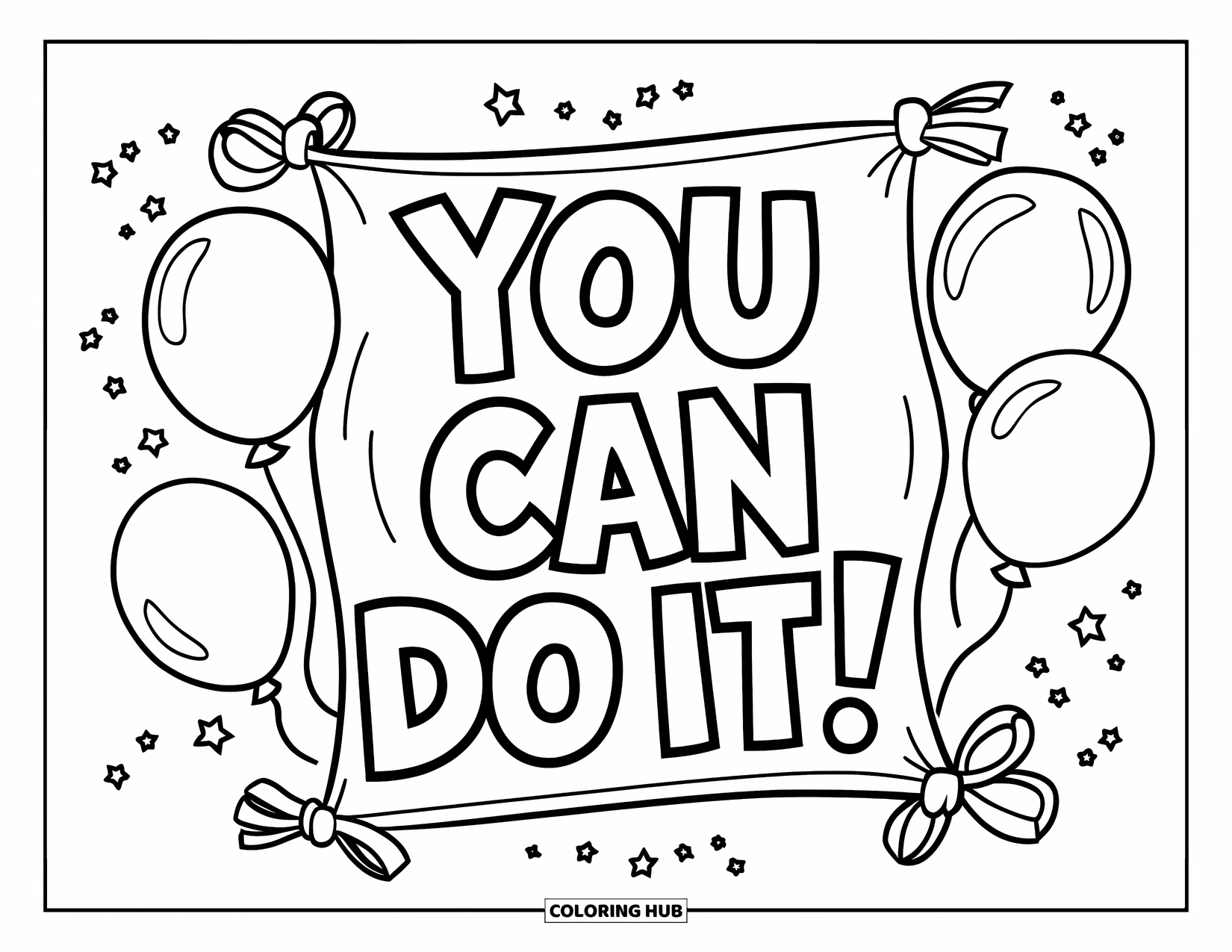 Cheer Coloring Page for Kids: Banner with "You can do it!" surrounded by balloons and streamers