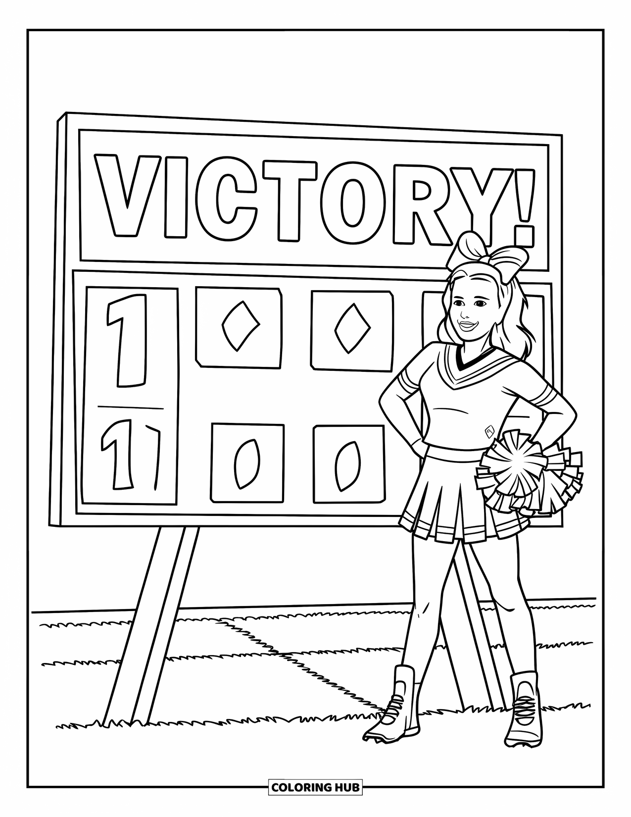 Cheer Coloring Page for Kids: Blond cheerleader raising hands beside a "Victory!" scoreboard on a football field