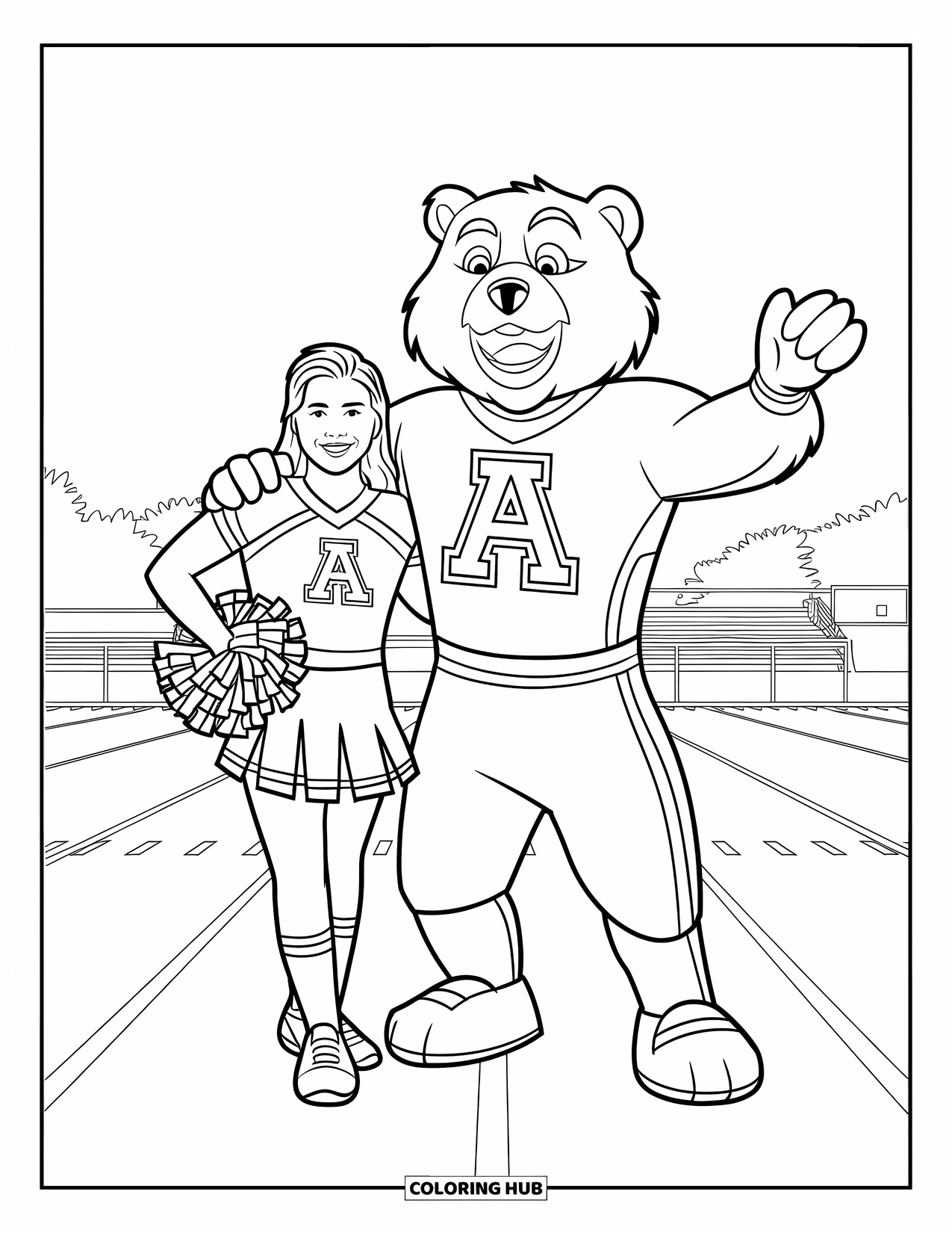 Cheer Coloring Page for Kids: Cheerleader and bear mascot with matching "A" uniforms standing on a field