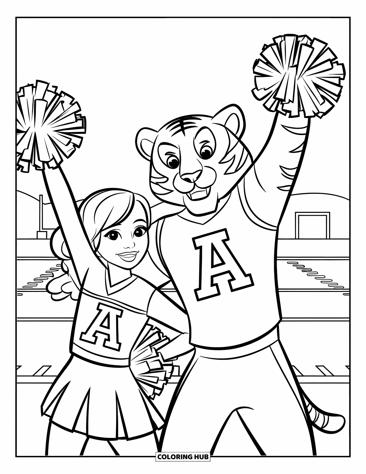 Cheer Coloring Page for Kids: Cheerleader and mascot tiger cheering together on a football field with goalposts