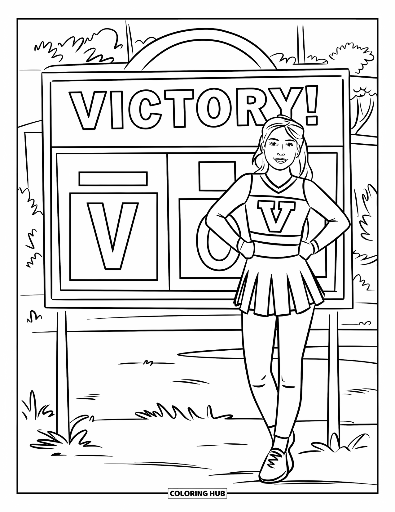 Cheer Coloring Page for Kids: Cheerleader beside a scoreboard showing "Victory!" with trees and a building nearby