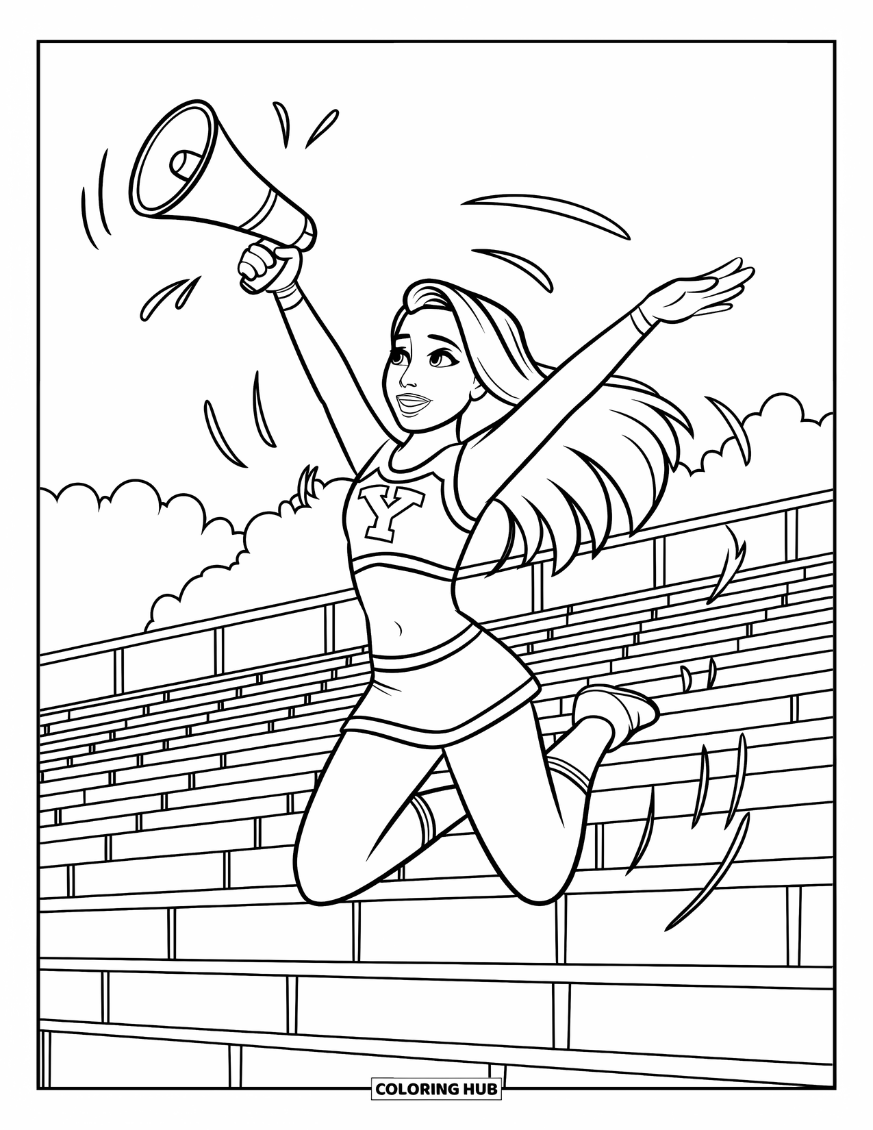 Cheer Coloring Page for Kids: Cheerleader in uniform mid-jump with a megaphone and motion lines in a stadium