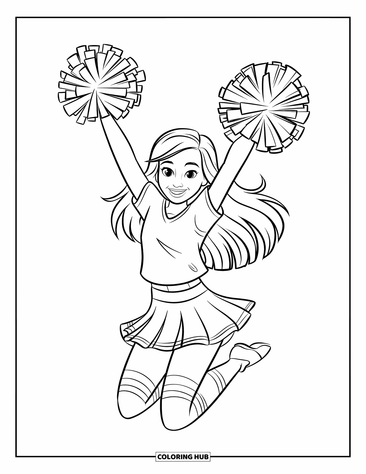 Cheer Coloring Page for Kids: Cheerleader jumping high holding pom-poms with a bright smile