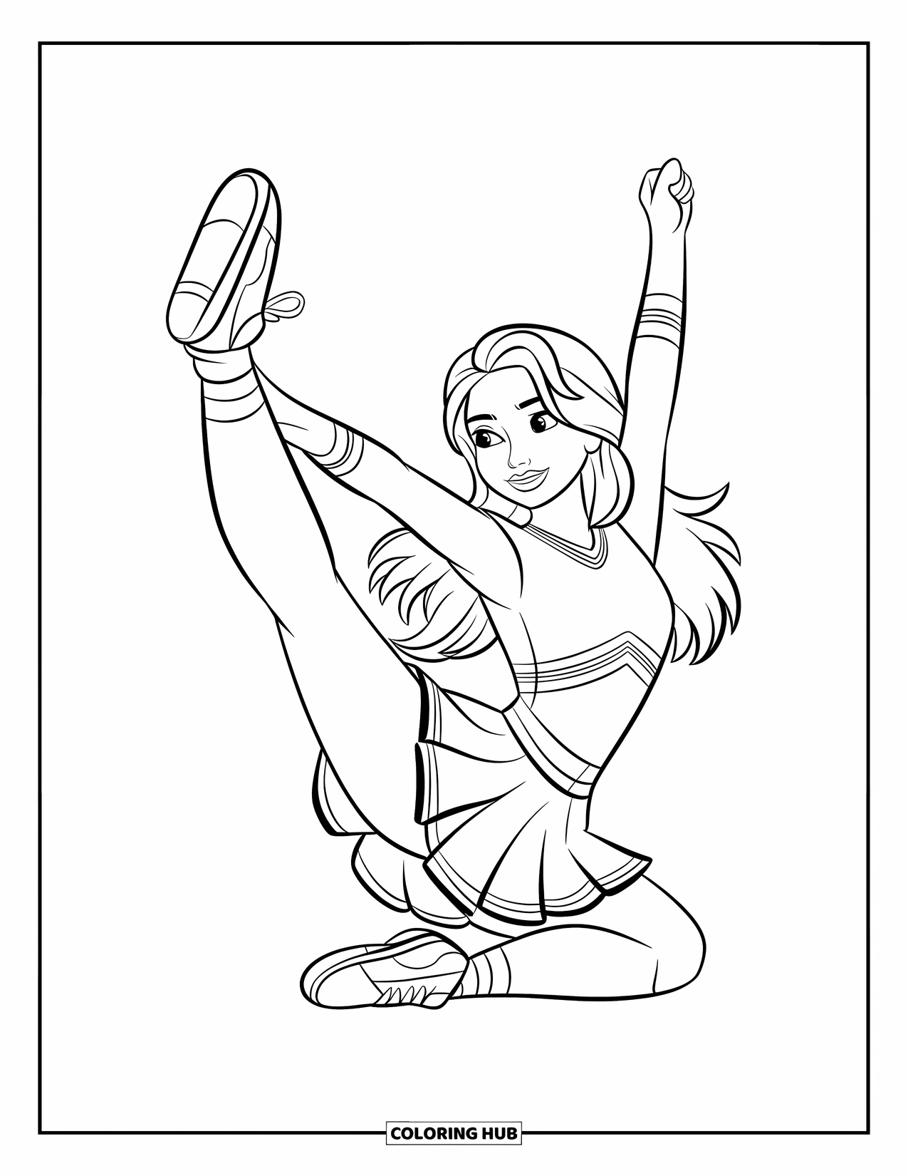 Cheer Coloring Page for Kids: Cheerleader leaping into a split pose in a clean open space