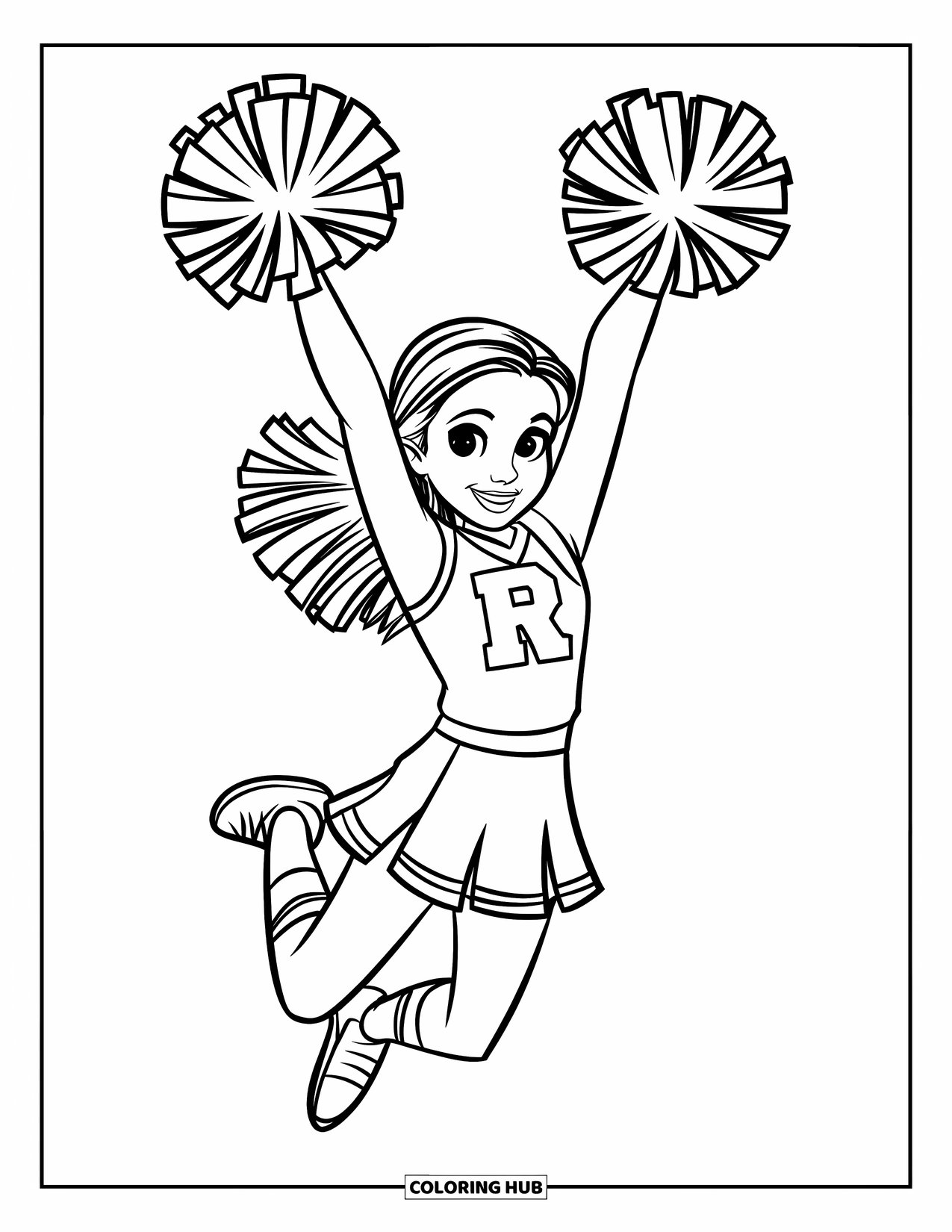 Cheer Coloring Page for Kids: Cheerleader leaping with pom-poms wearing a uniform with letter "R"