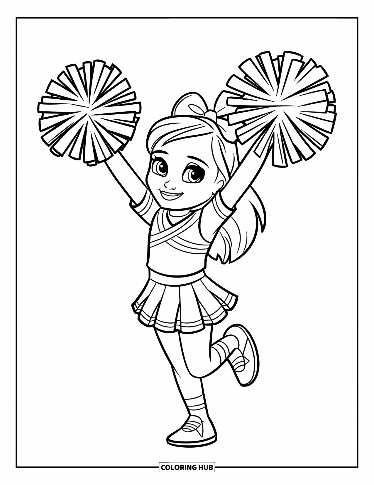 Cheer Coloring Page for Kids: Cheerleader smiling with arms raised, holding pom-poms in uniform