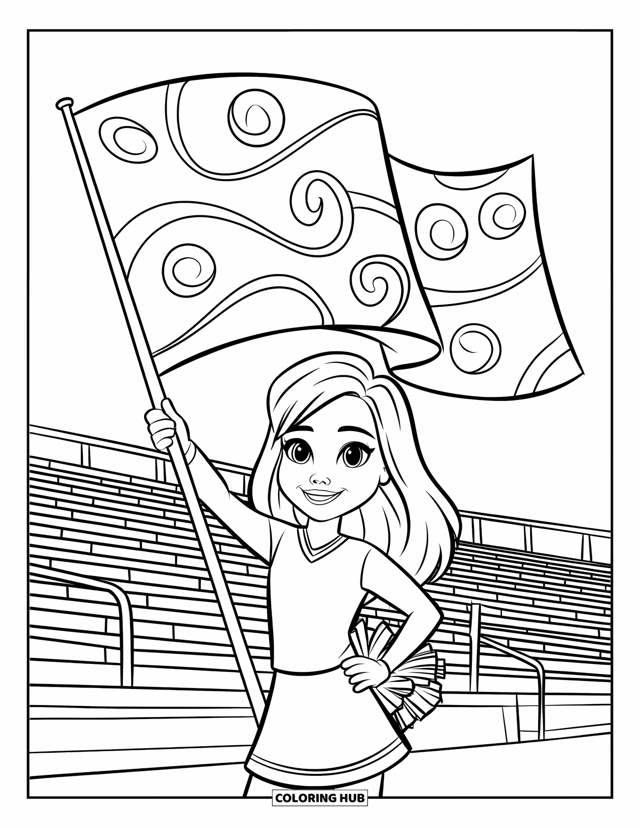 Cheer Coloring Page for Kids: Cheerleader waving a team flag in a stadium