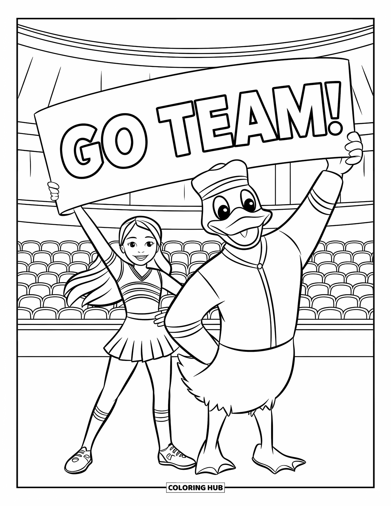 Cheer Coloring Page for Kids: Cheerleader with long hair and duck mascot holding a big "Go Team!" banner