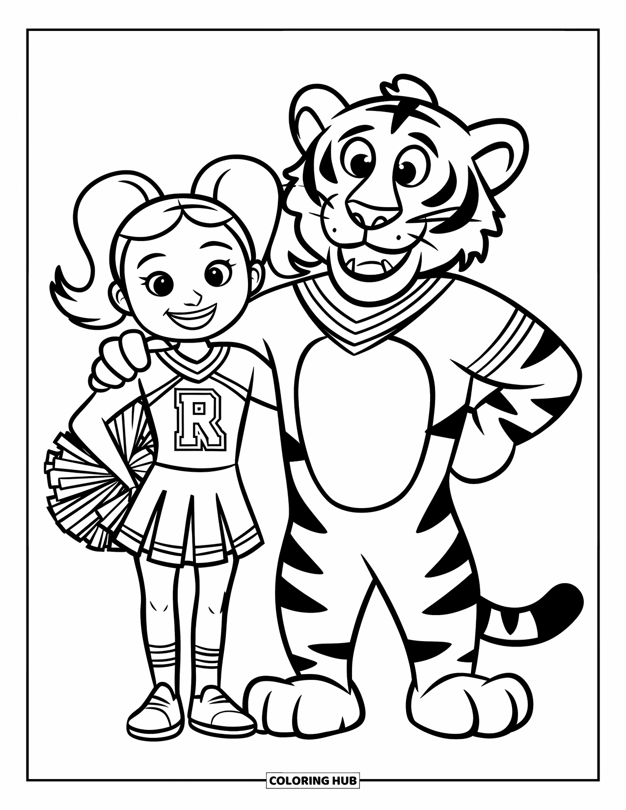 Cheer Coloring Page for Kids: Cheerleader with pigtails standing beside a smiling tiger mascot on a field