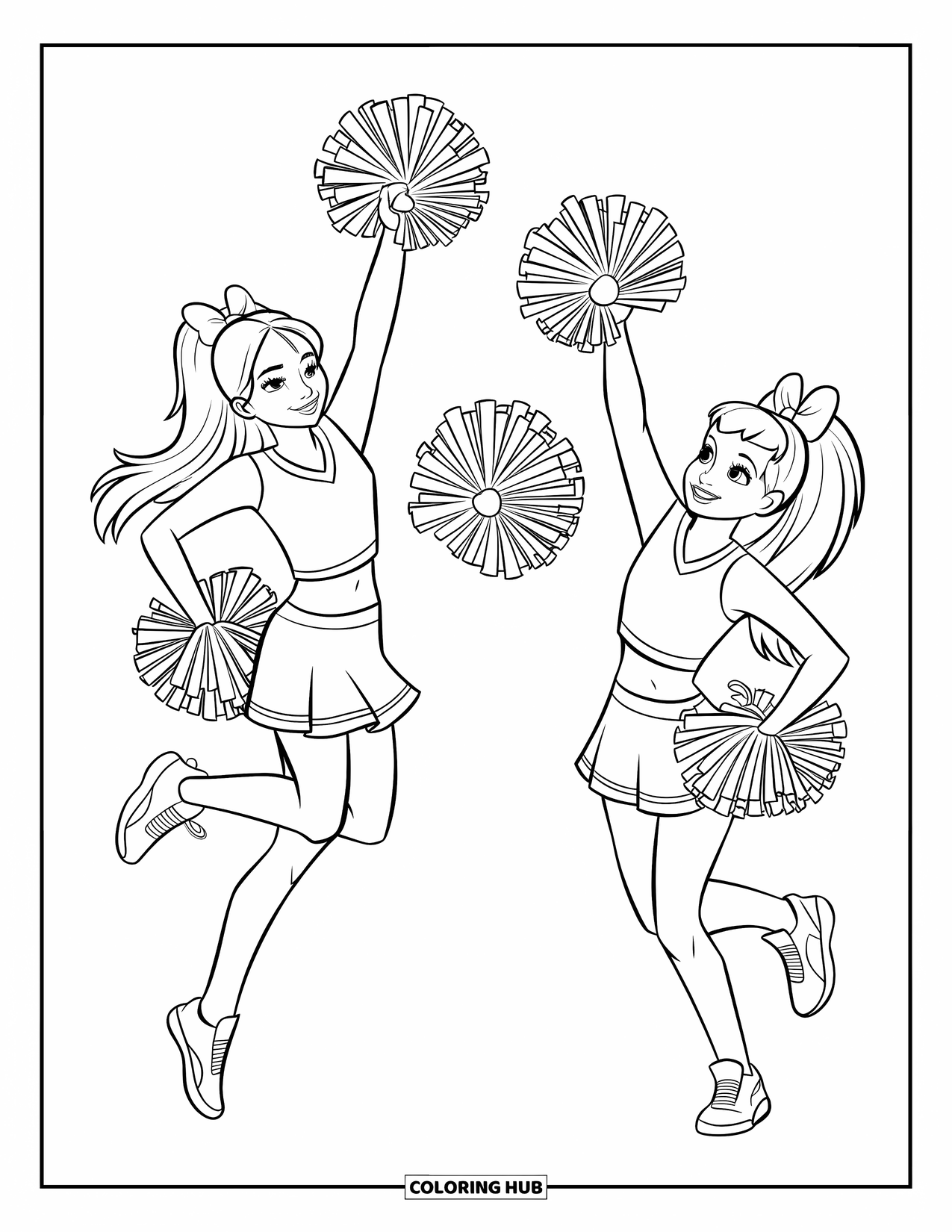 Cheer Coloring Page for Kids: Cheerleaders tossing pom-poms, one jumping, one standing against a simple backdrop