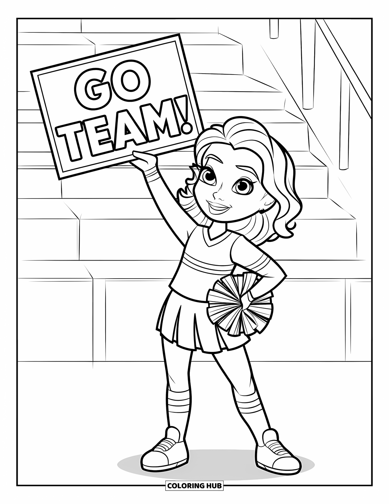 Cheer Coloring Page for Kids: Curly-haired cheerleader holding a "Go Team!" sign with spectators behind