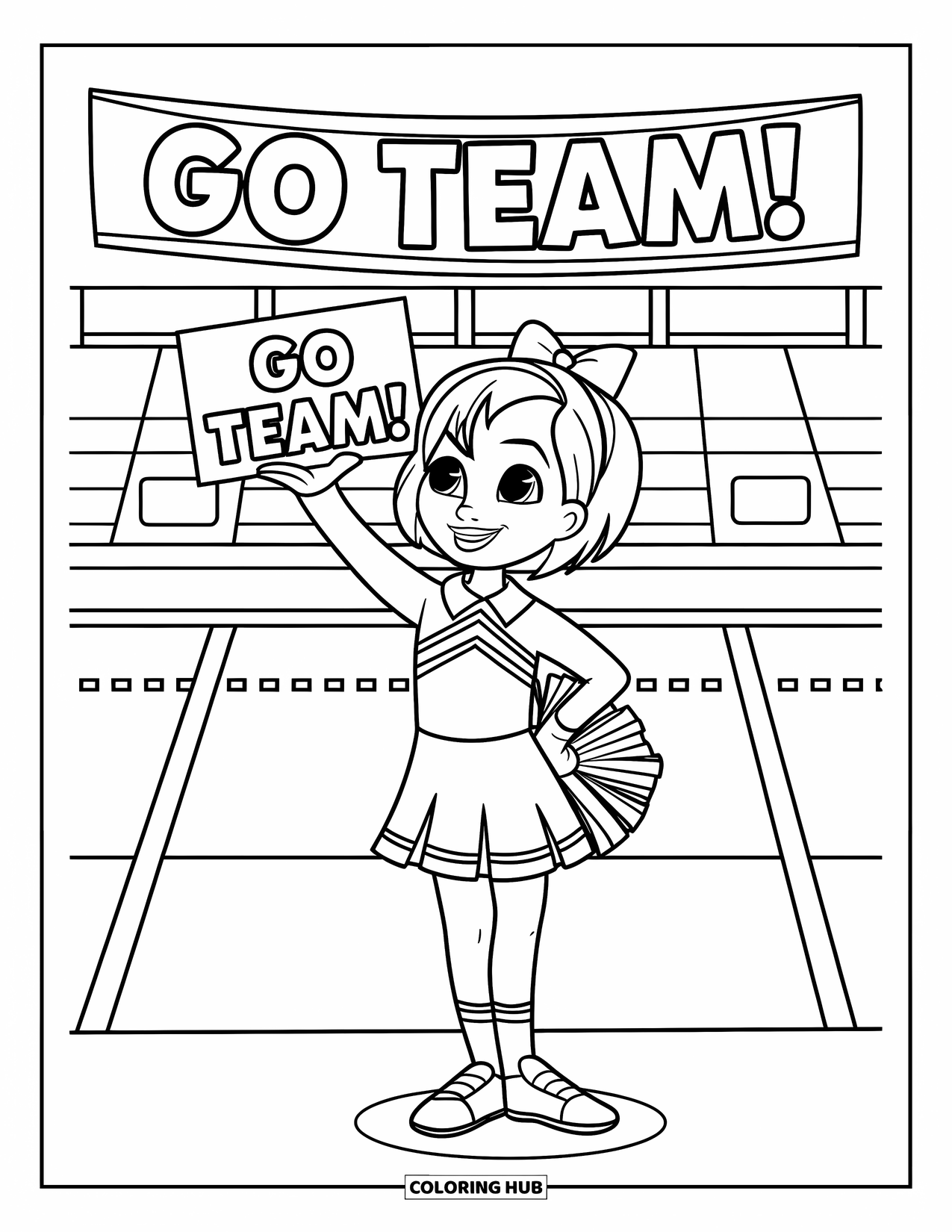 Cheer Coloring Page for Kids: Friendly cheerleader holding a "Go Team!" sign in a stadium