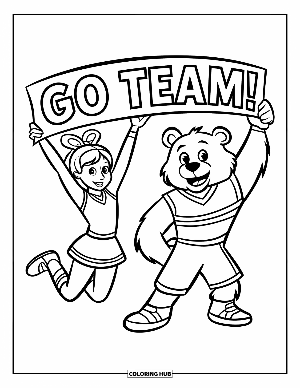 Cheer Coloring Page for Kids: Jumping cheerleader with bear mascot holding a "Go Team!" banner together