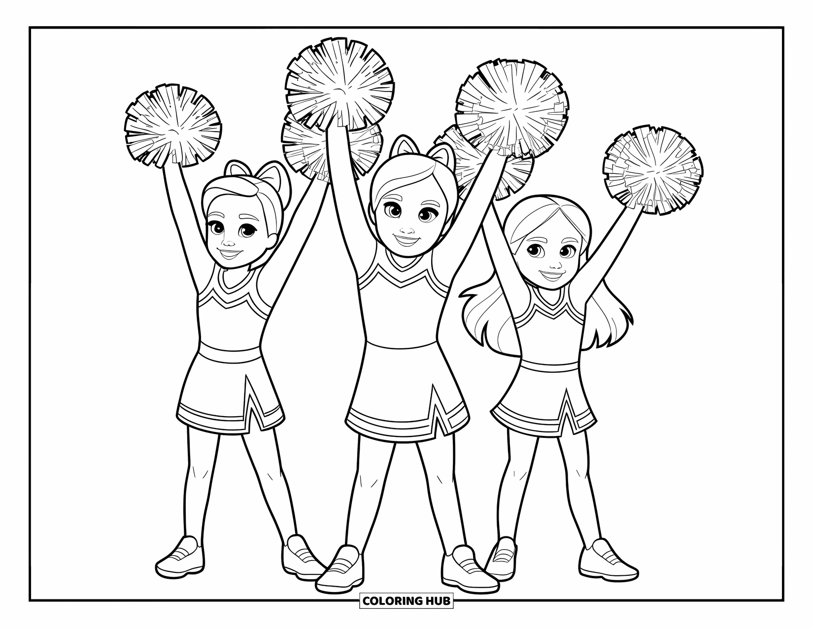 Cheer Coloring Page for Kids: Kids cheering with pom-poms raised high on solid ground