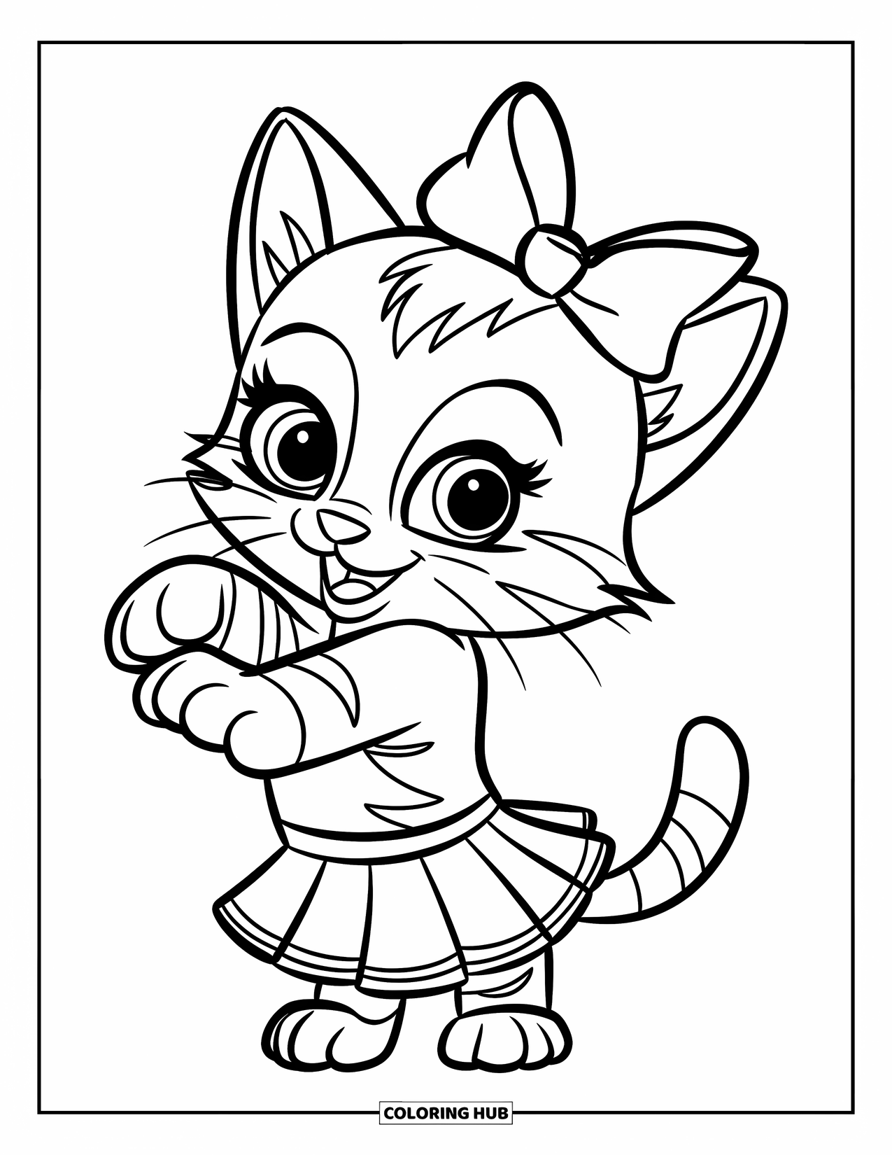 Cheer Coloring Page for Kids: Kitten in a cheer skirt and bow standing playfully on two legs