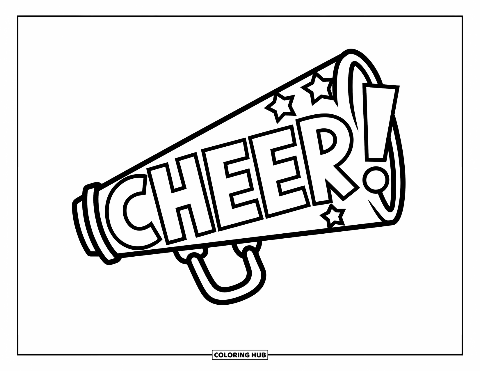 Cheer Coloring Page for Kids: Megaphone shaped like a "C" with bold "Cheer!" text and stars