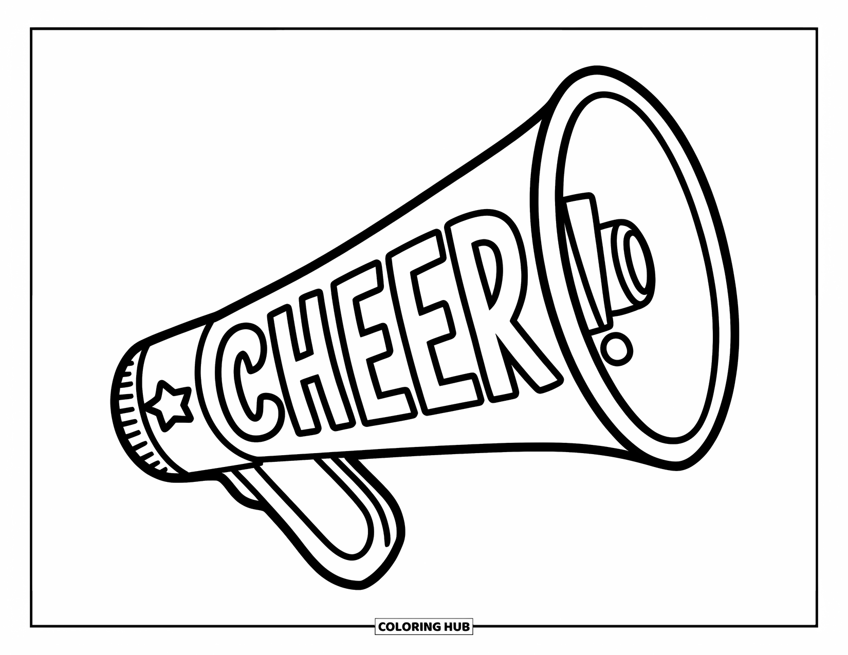 Cheer Coloring Page for Kids: Megaphone with bold "Cheer!" text and a star accent