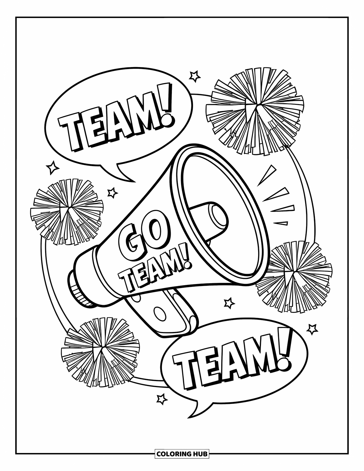 Cheer Coloring Page for Kids: Megaphone with "Go Team!" and pom-poms floating nearby