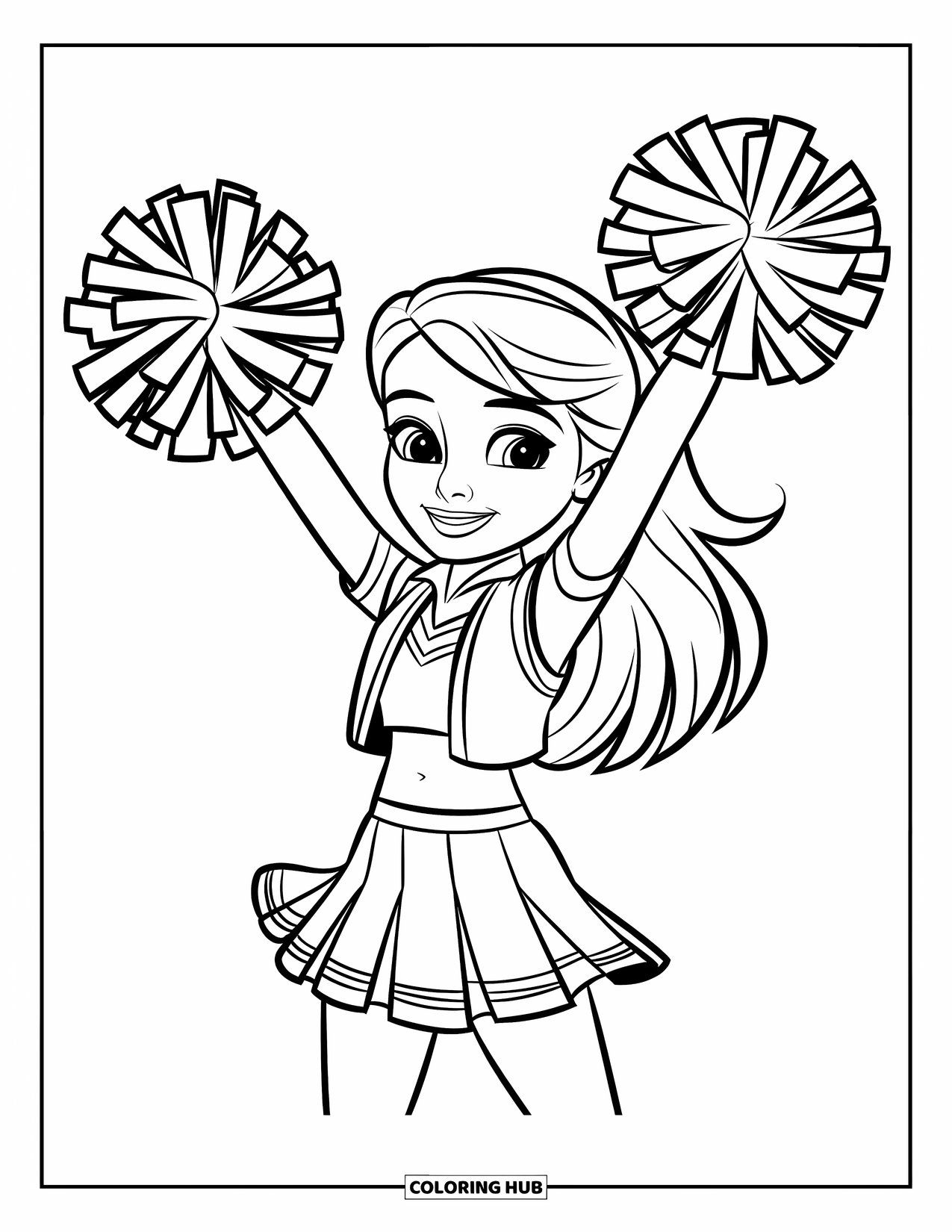 Cheer Coloring Page for Kids: Smiling cheerleader in uniform raising pom-poms with excitement