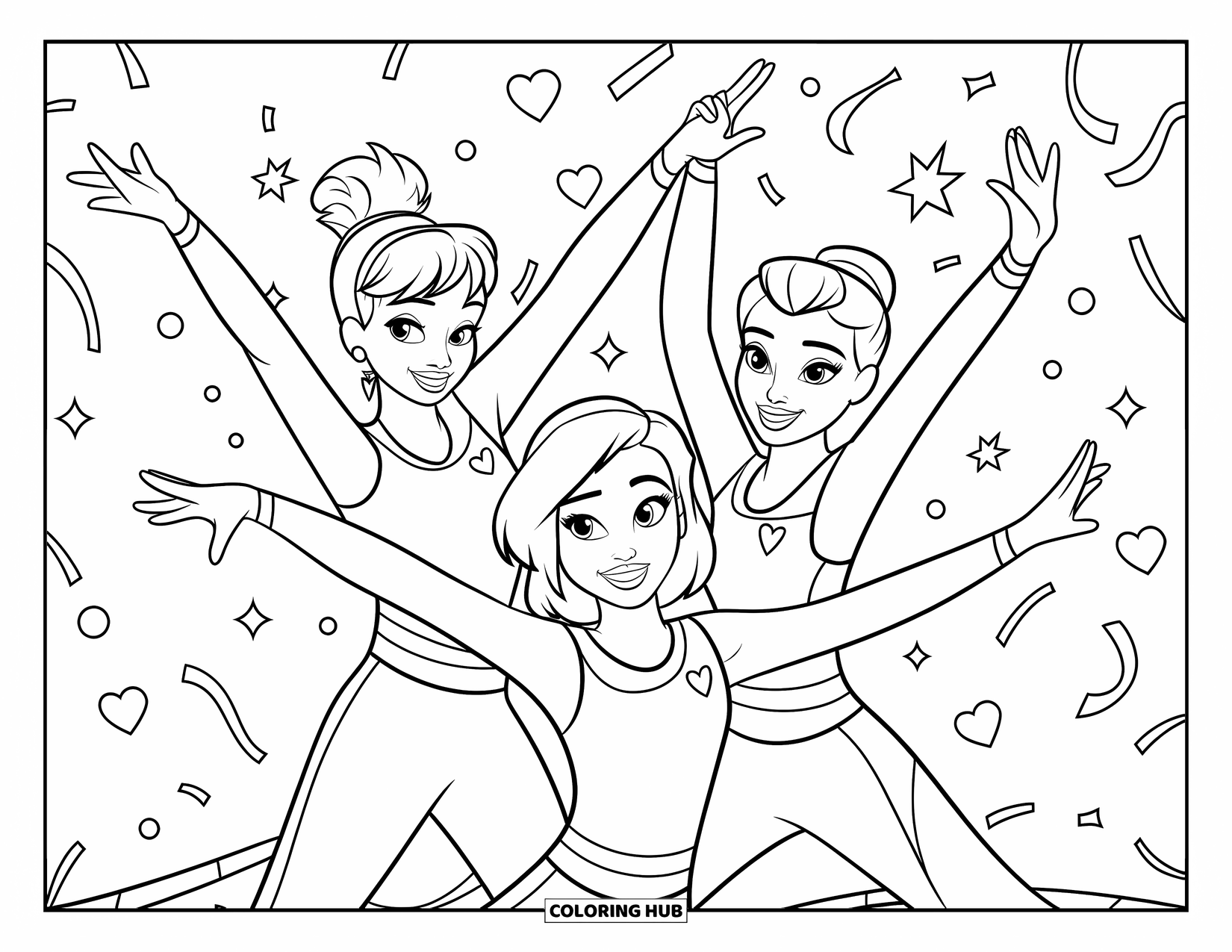 Cheer Coloring Page for Kids: Three friends striking freestyle poses with confetti, sparkles, and hearts