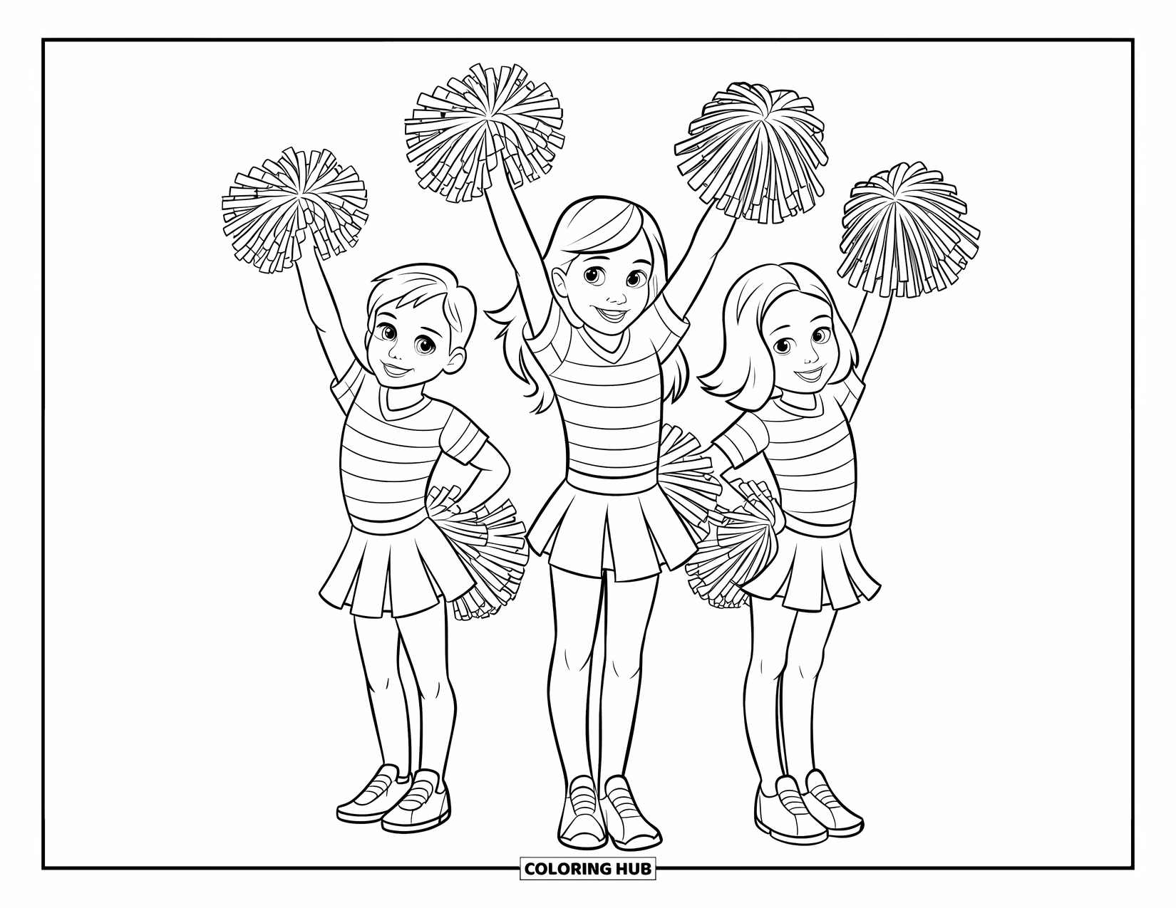 Cheer Coloring Page for Kids: Three kids in uniforms holding pom-poms and posing together
