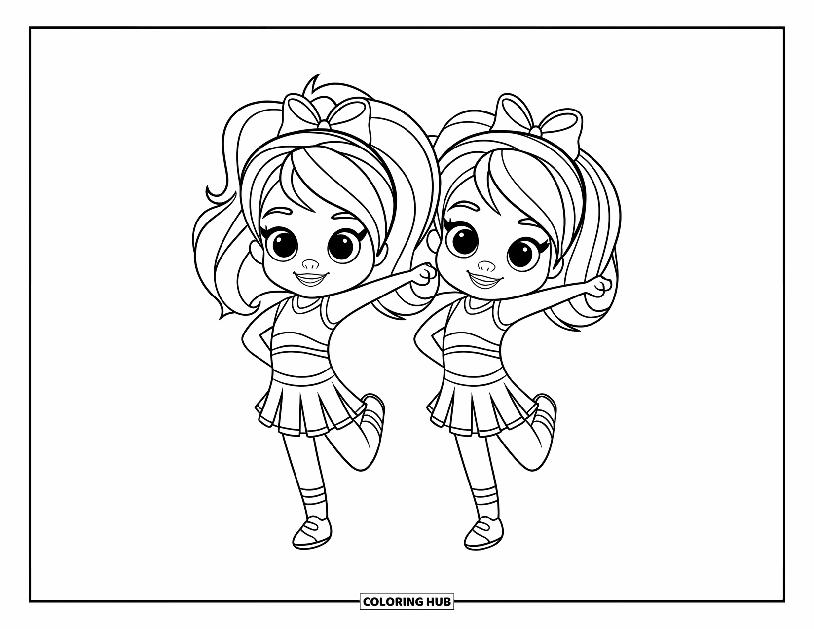 Cheer Coloring Page for Kids: Two cartoon cheerleaders posing side by side in matching uniforms
