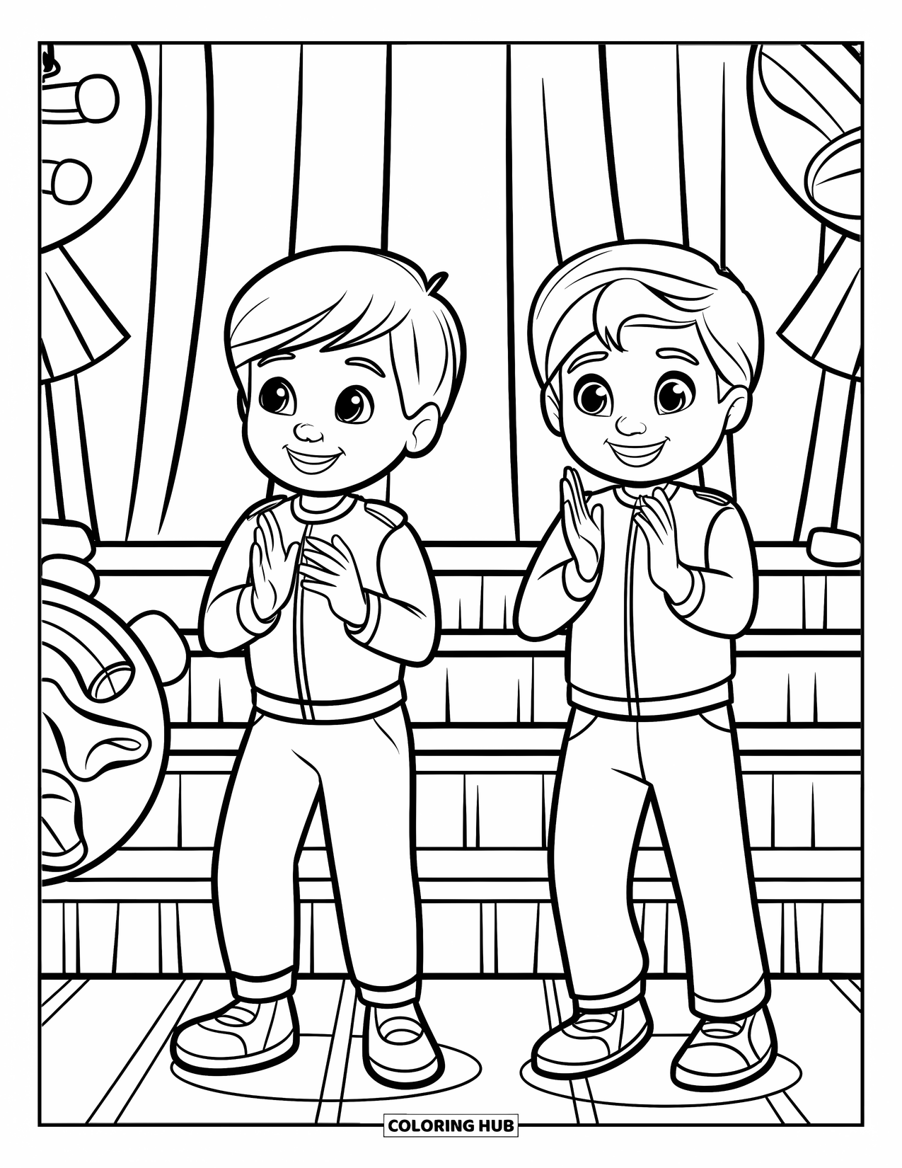 Cheer Coloring Page for Kids: Two kids clapping together on stage with curtains and instruments behind them