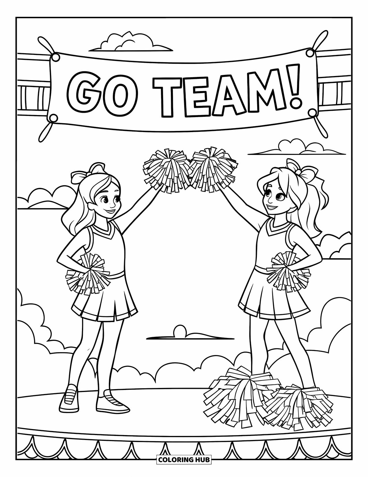 Cheer Coloring Page for Kids: Two teen cheerleaders tossing pom-poms on stage under a "Go Team!" banner