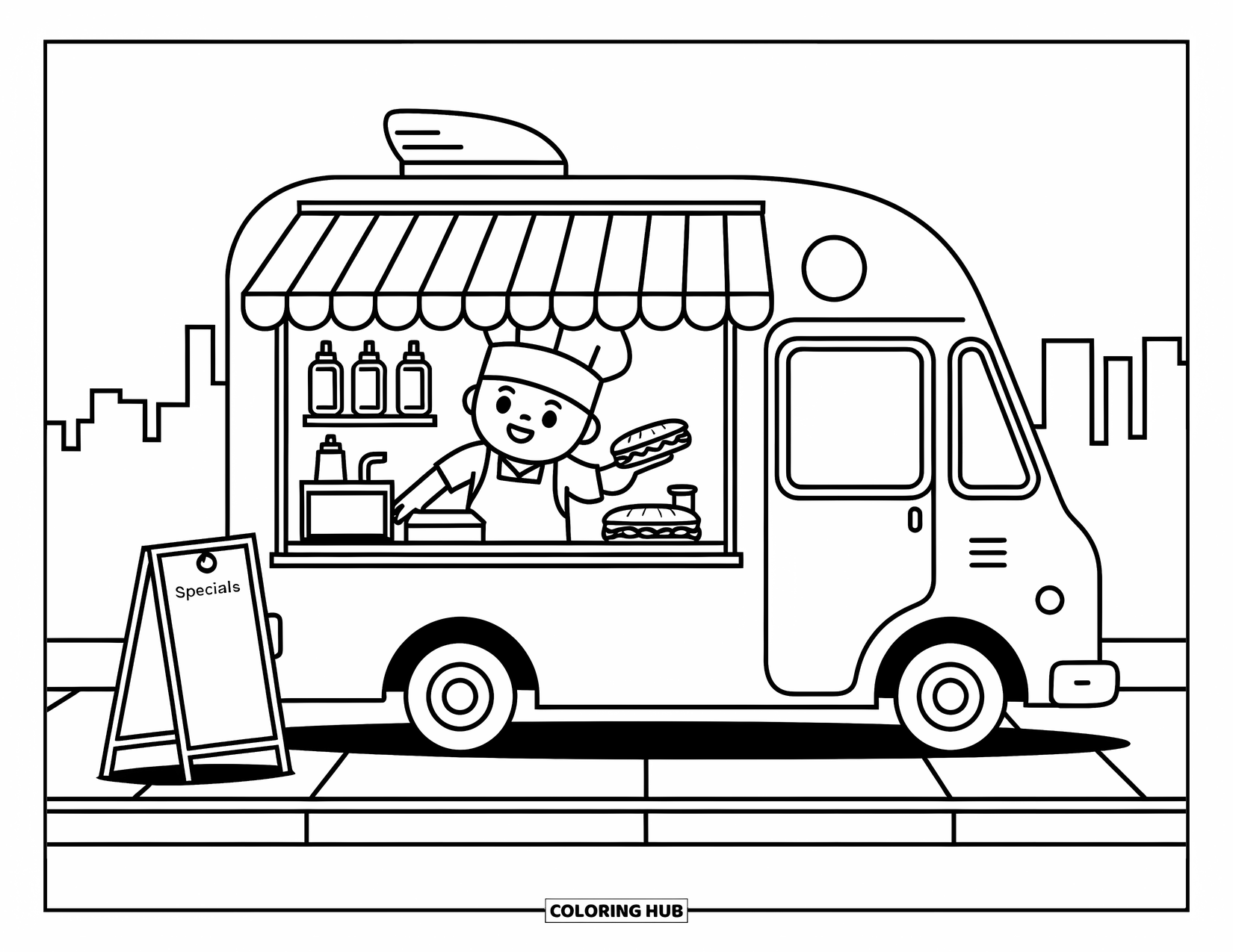 Chef Coloring Page for Adults: A cheerful chef hands out a sandwich from a food truck window
