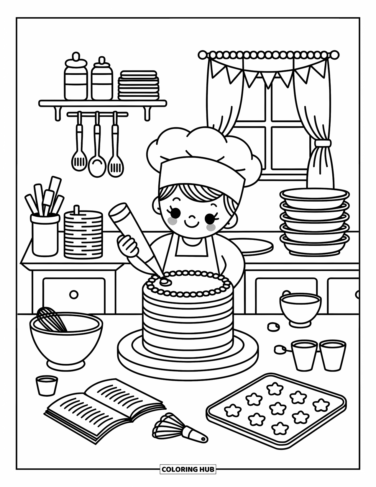 Chef Coloring Page for Adults: A chef carefully pipes frosting on a tall cake at a counter