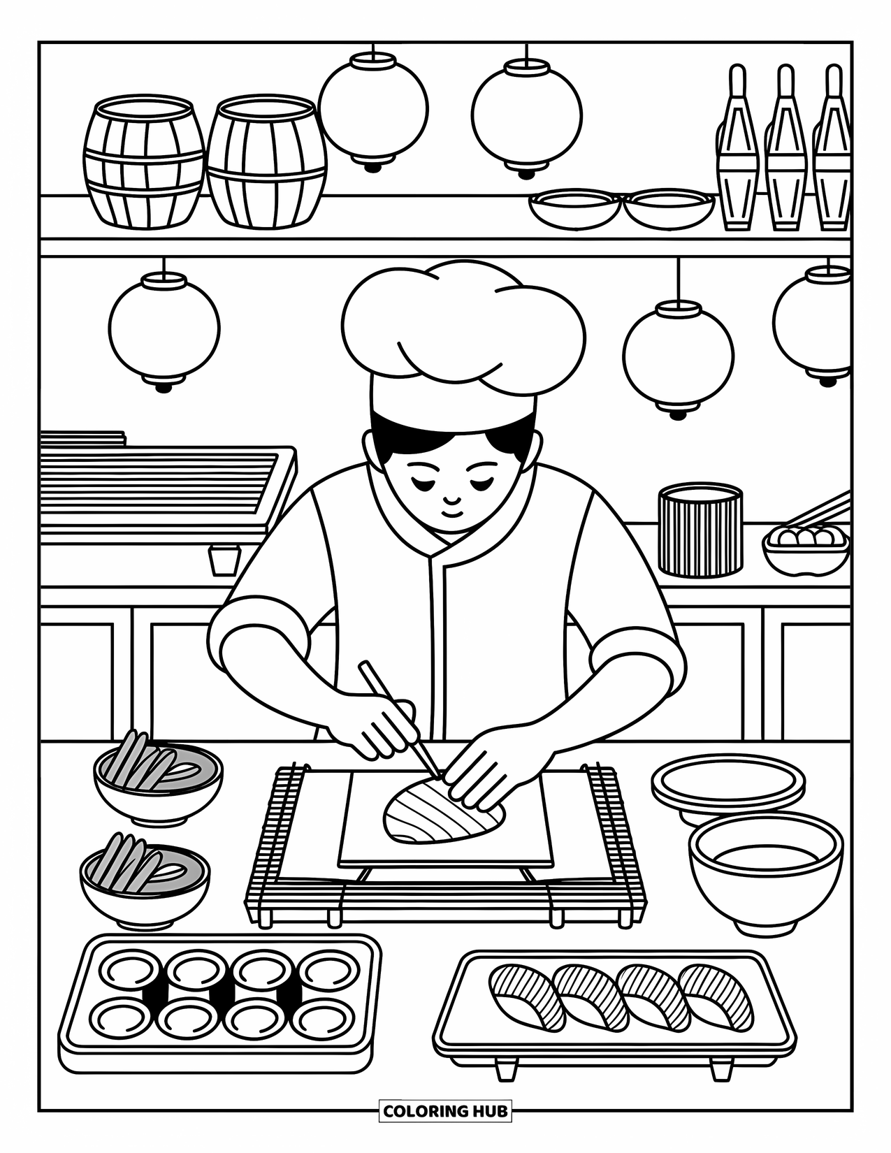 Chef Coloring Page for Adults: A chef crafts sushi rolls at a counter lit by lanterns