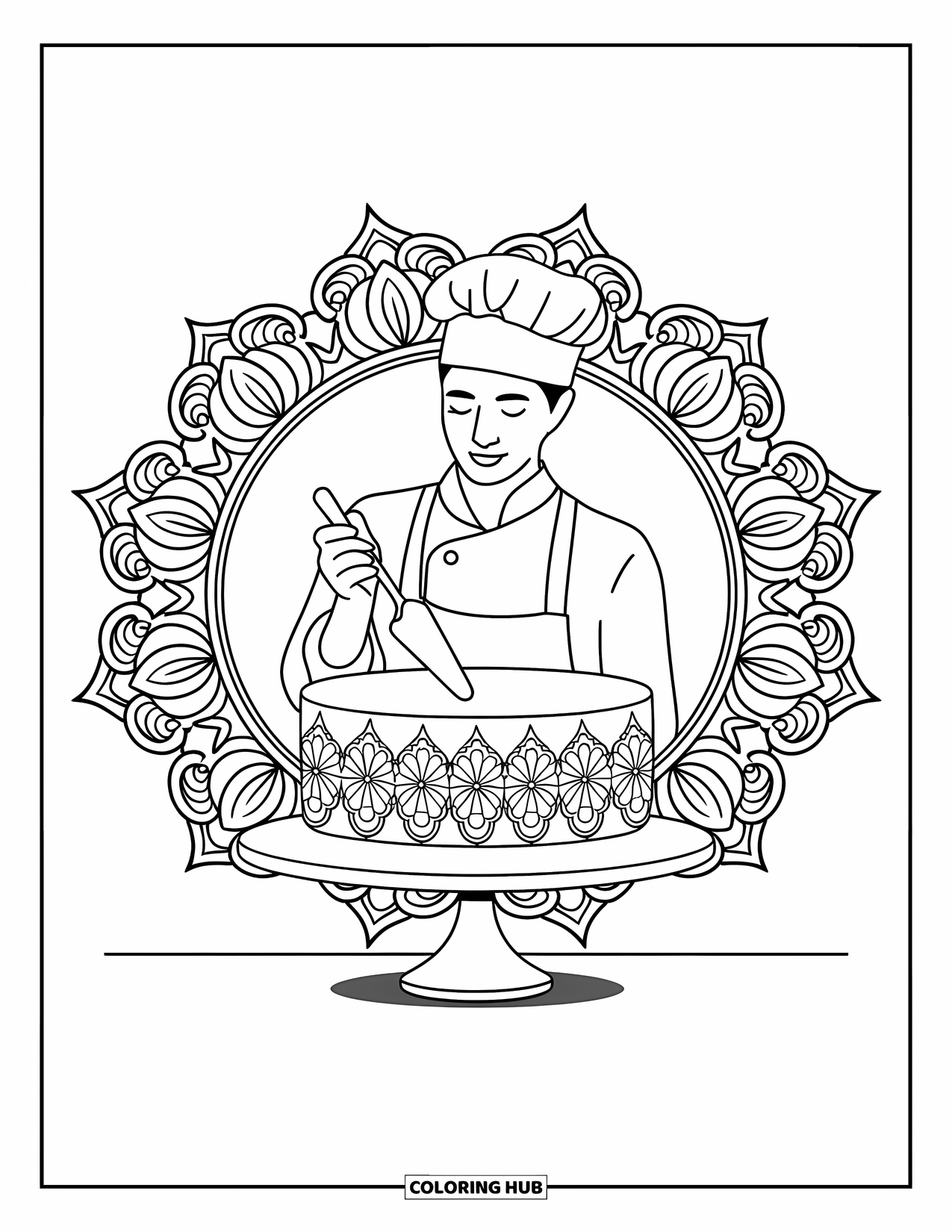 Chef Coloring Page for Adults: A chef frosts a cake with ornate mandala designs around them