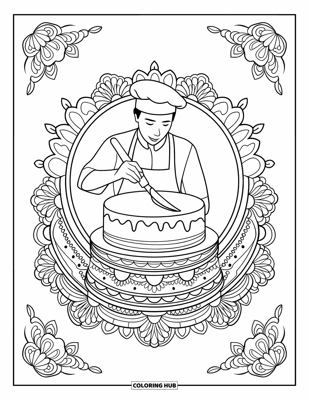 Chef Coloring Page for Adults: A chef frosts a tall cake surrounded by floral mandalas
