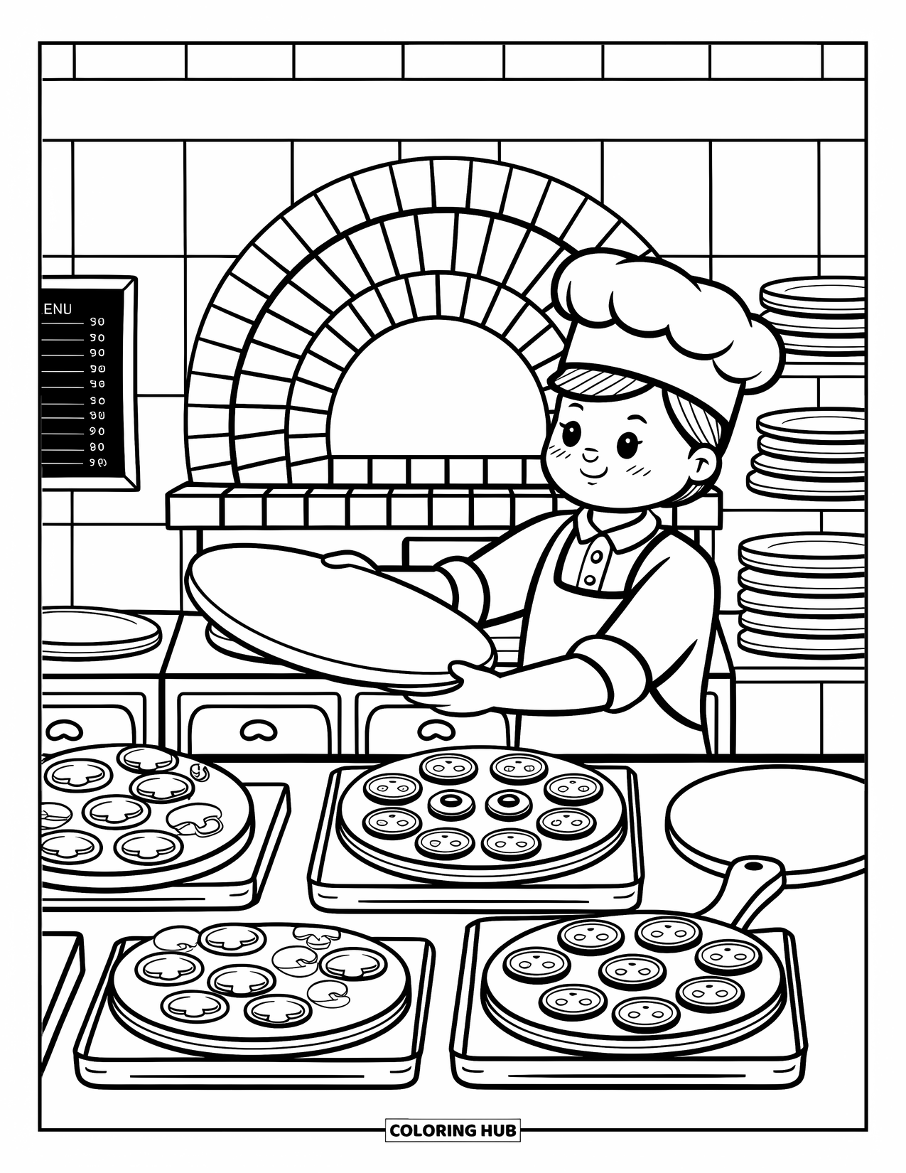 Chef Coloring Page for Adults: A chef stretches pizza dough at a counter filled with toppings