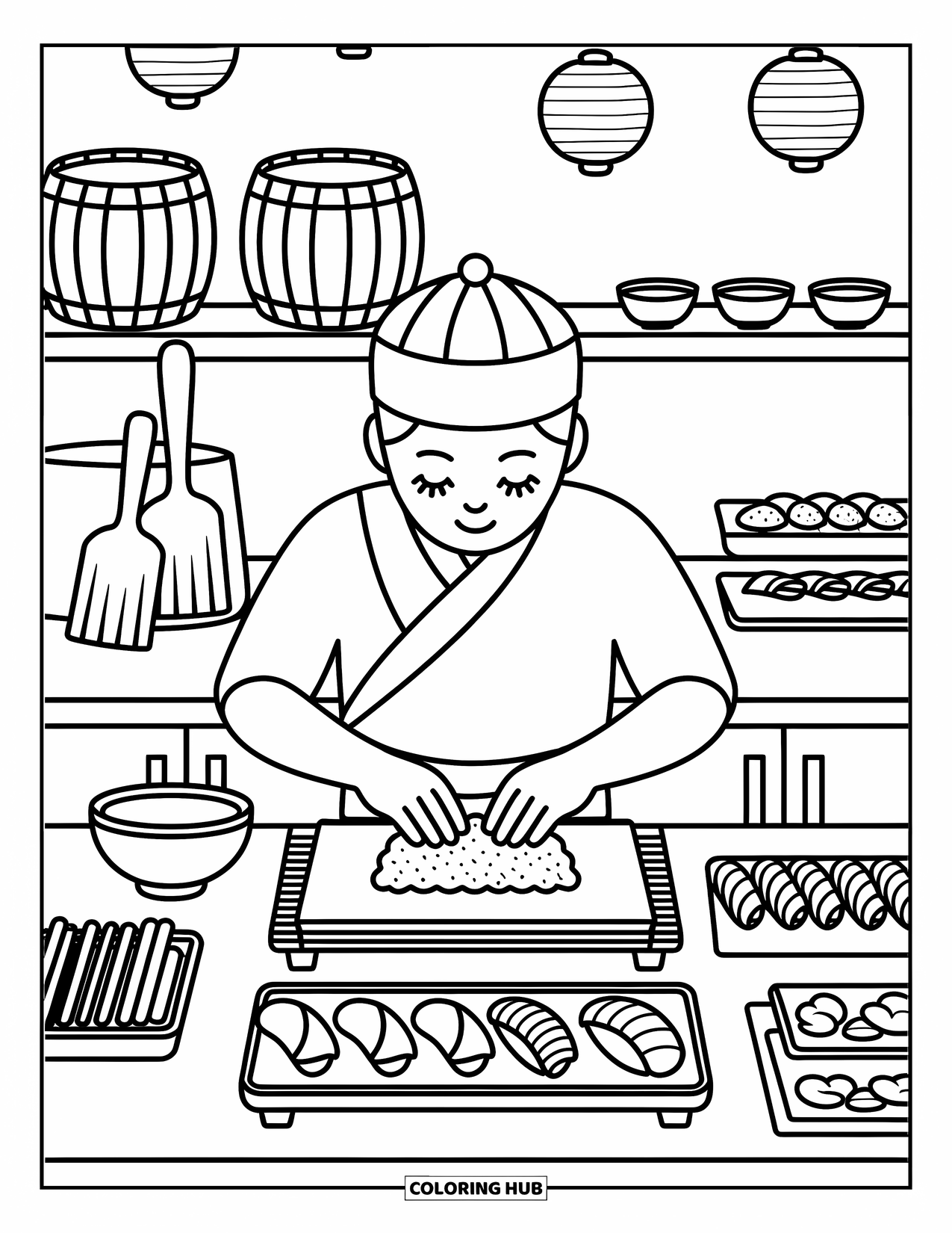 Chef Coloring Page for Adults: A focused chef prepares sushi with cucumber, avocado, and fish cuts