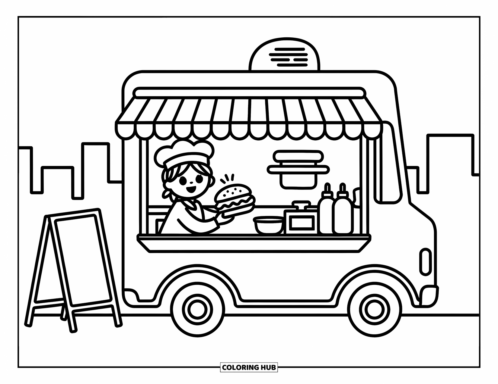 Chef Coloring Page for Adults: A food truck chef leans from the window holding a wrapped sandwich