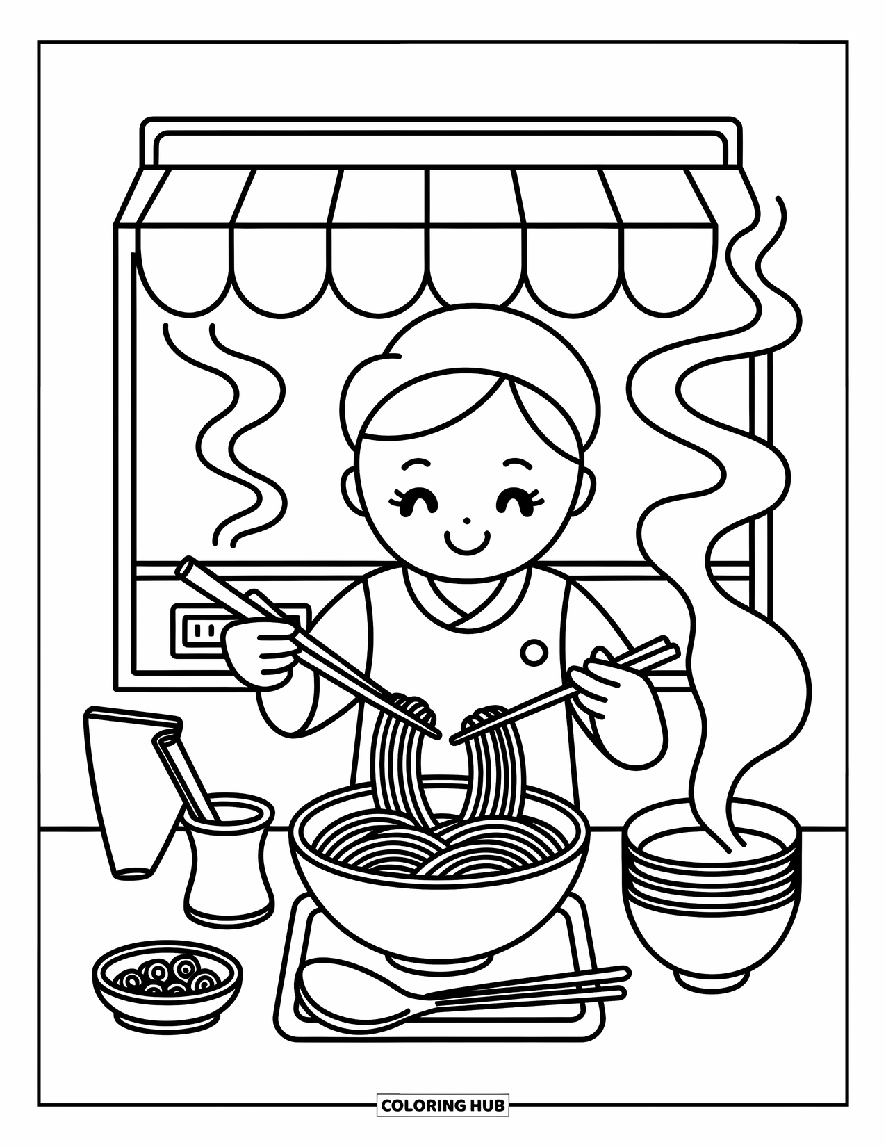 Chef Coloring Page for Adults: A happy chef lifts noodles into a bowl at a ramen shop