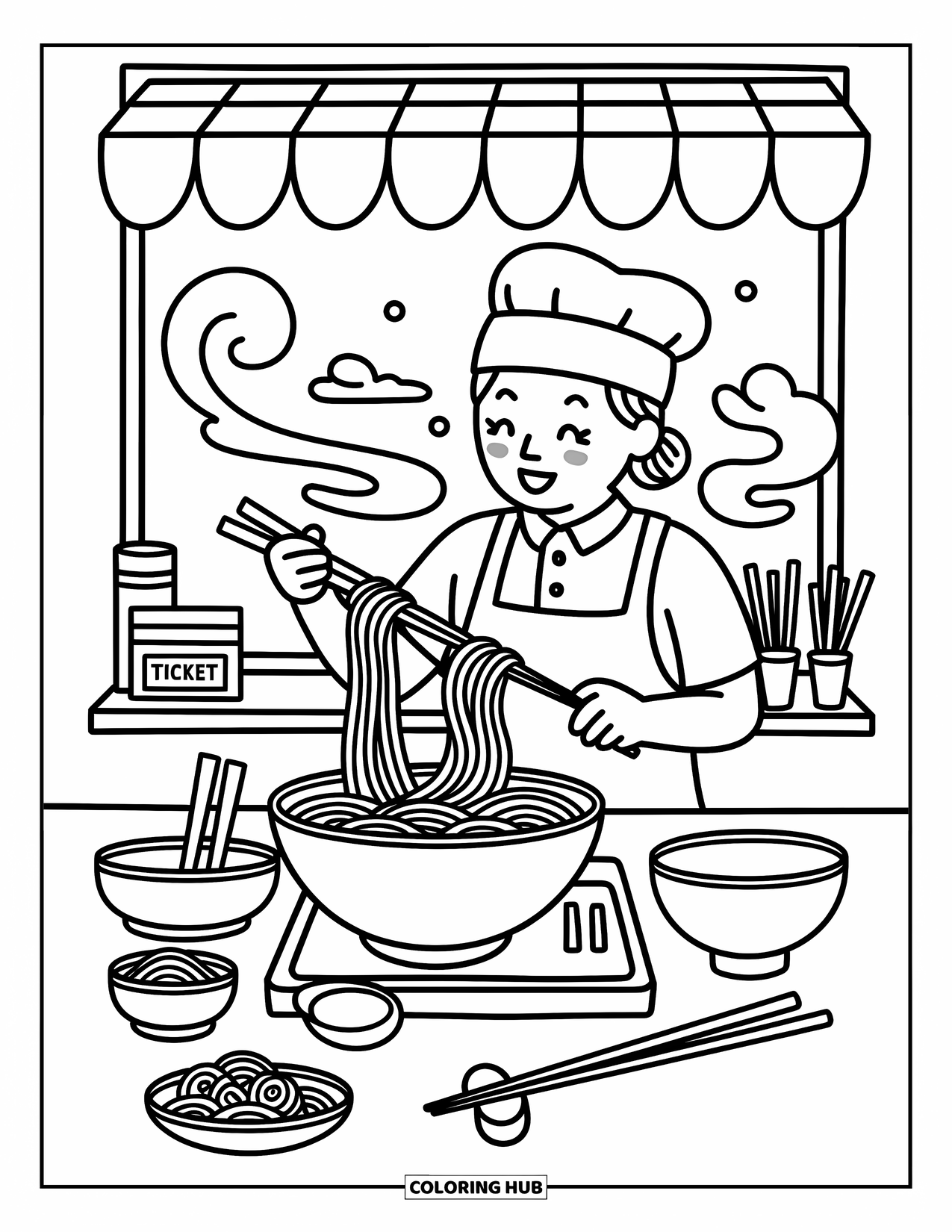 Chef Coloring Page for Adults: A ramen chef places noodles into a bowl beside scallions and bowls