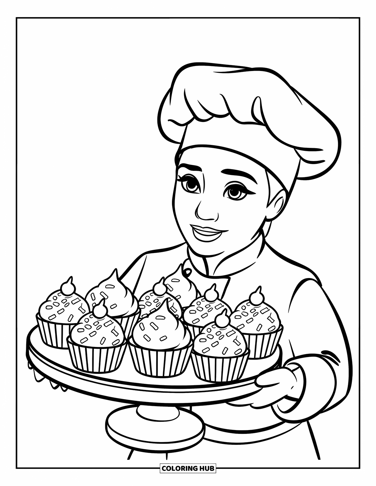 Chef Coloring Page for Kids: A chef carries a tray of cupcakes on a wooden stand