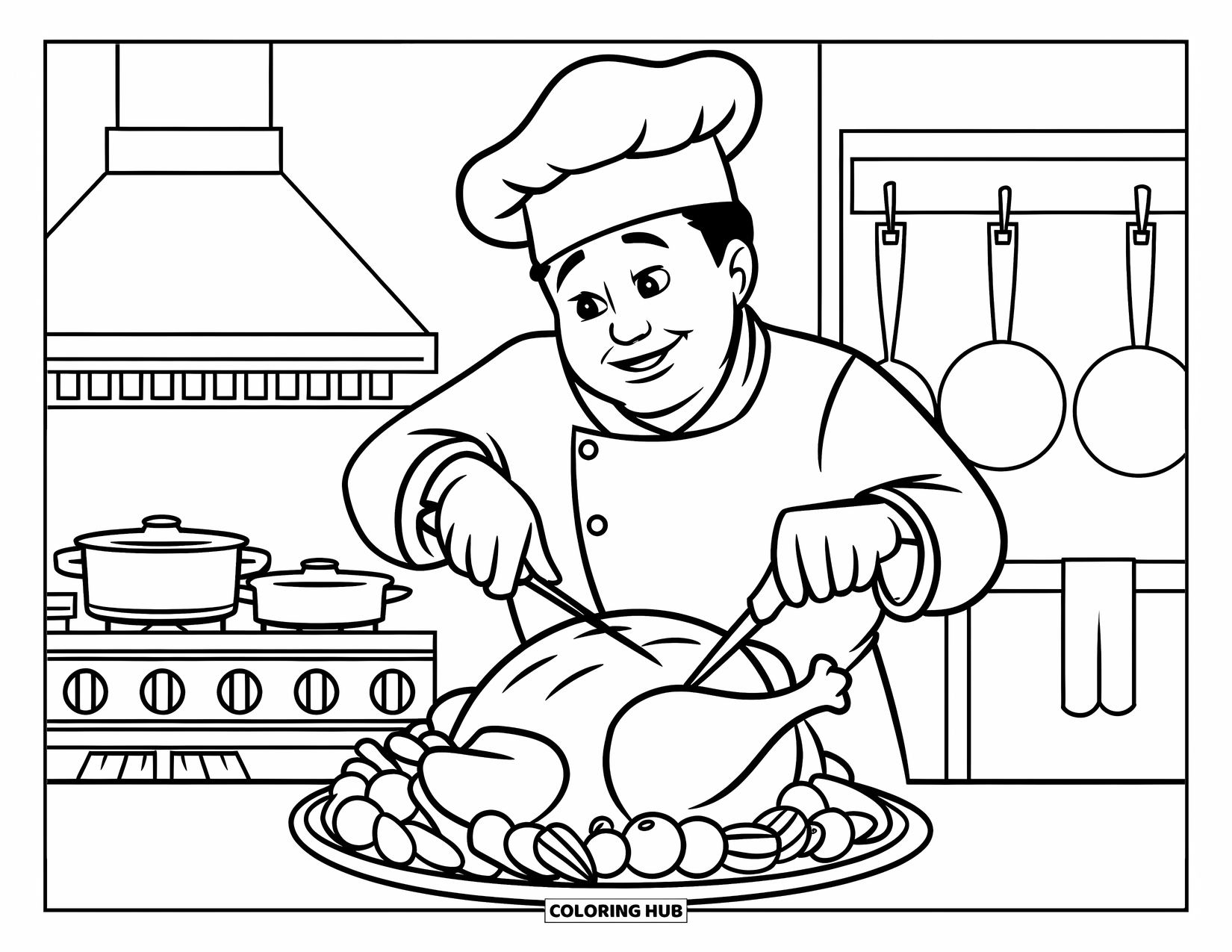 Chef Coloring Page for Kids: A chef carves a roast turkey surrounded by vegetables in the kitchen