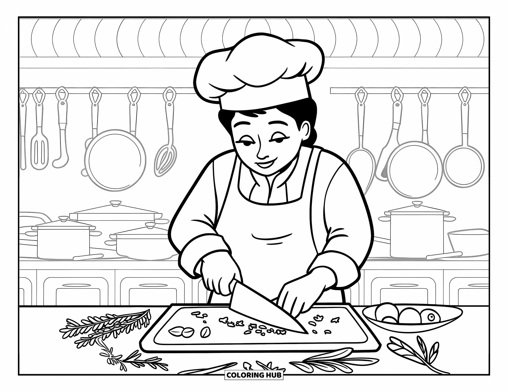 Chef Coloring Page for Kids: A chef chops fresh herbs on a wooden board in the kitchen